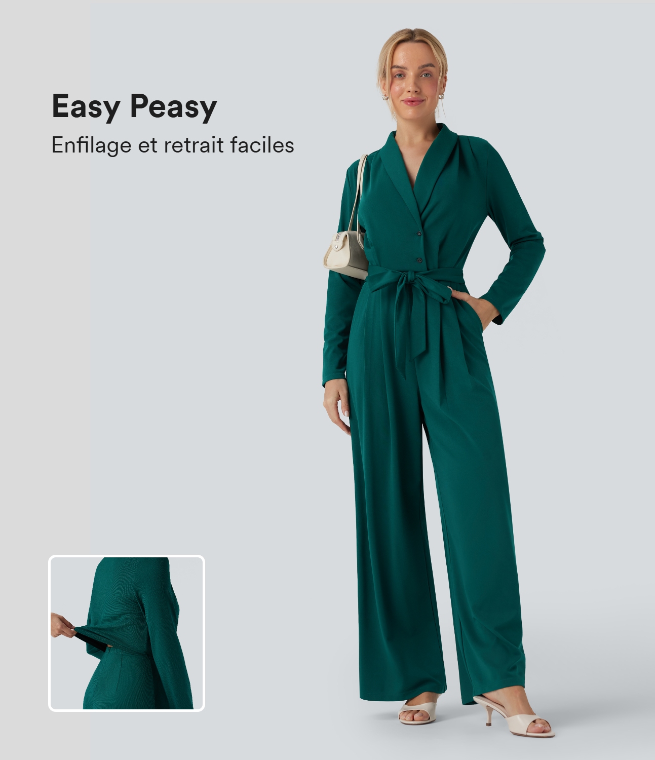 Jumpsuit met V-hals, lange mouwen, ceintuur en zakken - Easy Peezy