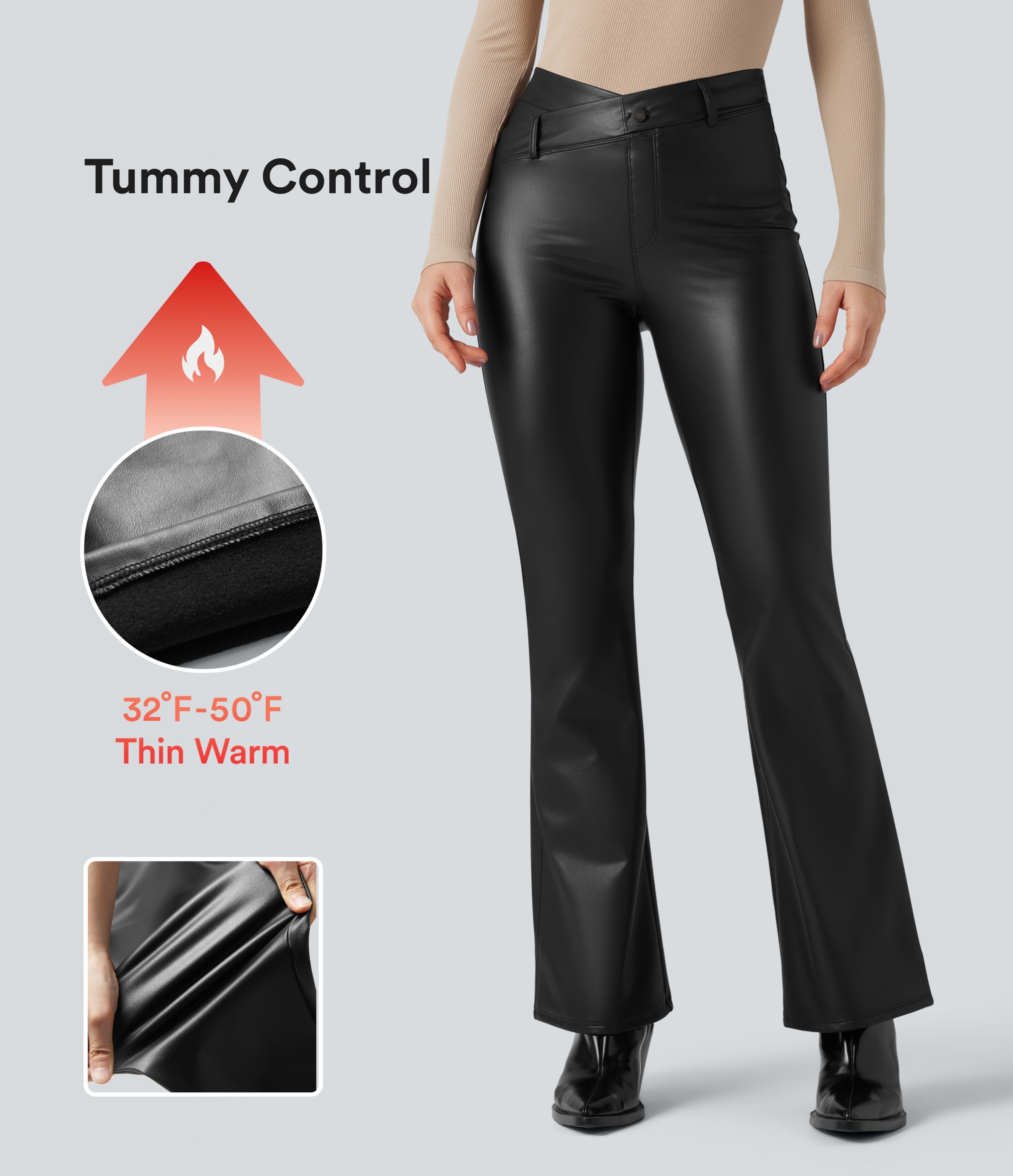 Pantalones acampanados casuales asimétricos de tiro alto con control abdominal, en forro polar de PU elástico y con bolsillos