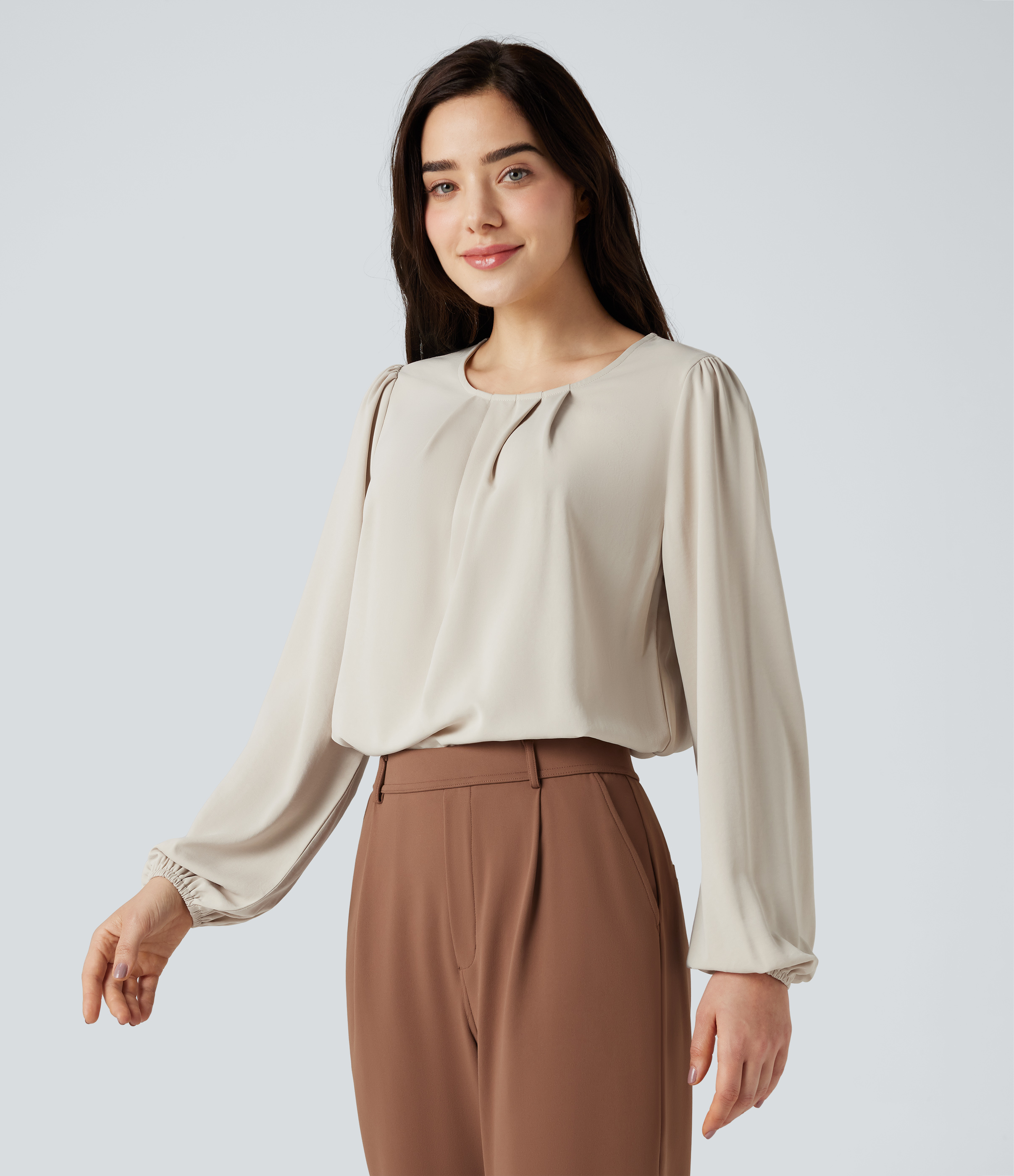 Silver Birch Round Neck Keyhole Back Puff Sleeve Curved Hem Relaxed Work Blouse / 1