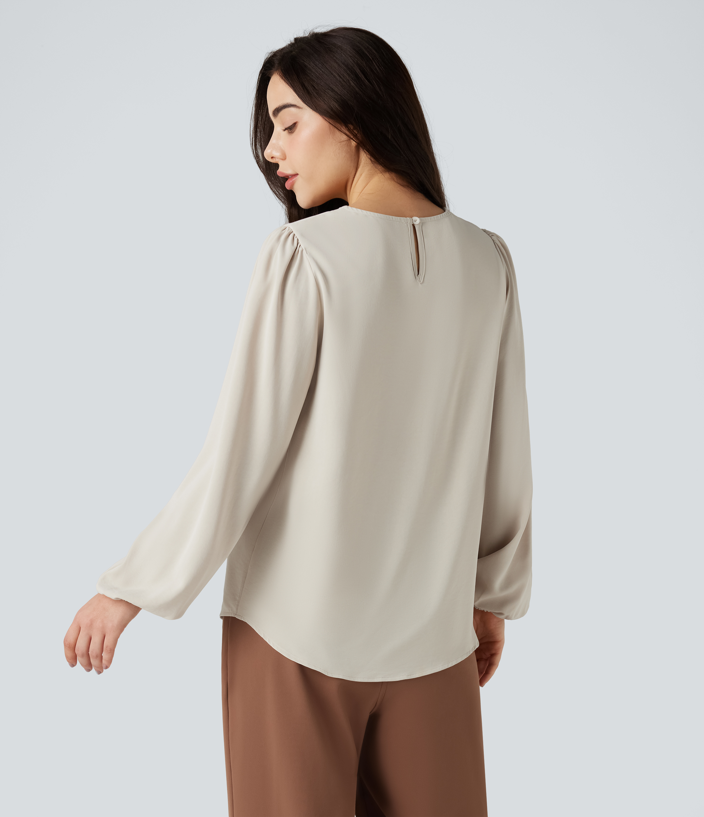Silver Birch Round Neck Keyhole Back Puff Sleeve Curved Hem Relaxed Work Blouse / 2