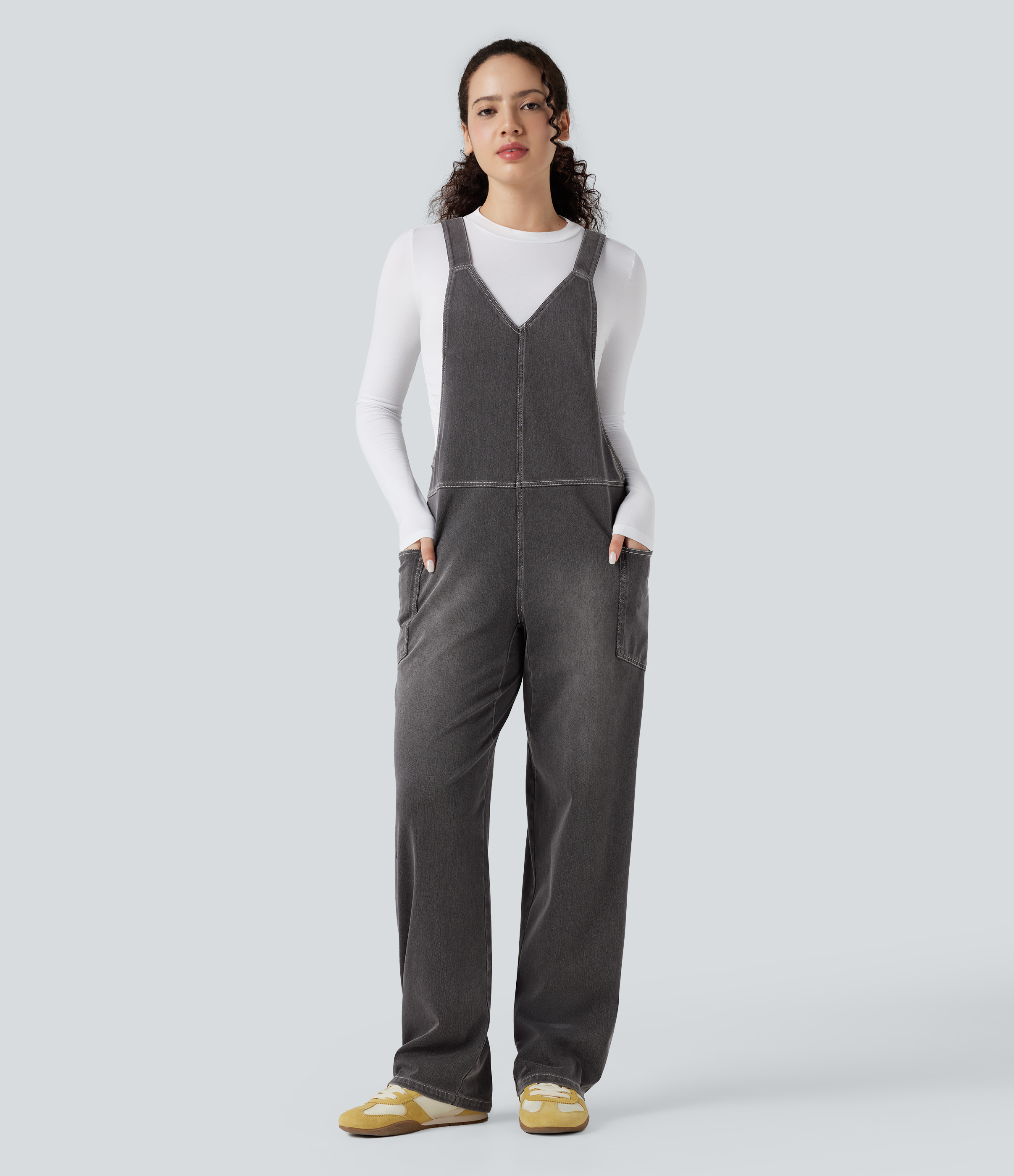 Women's Halara Flex™ V Neck Pocket Washed Denim Casual Overalls