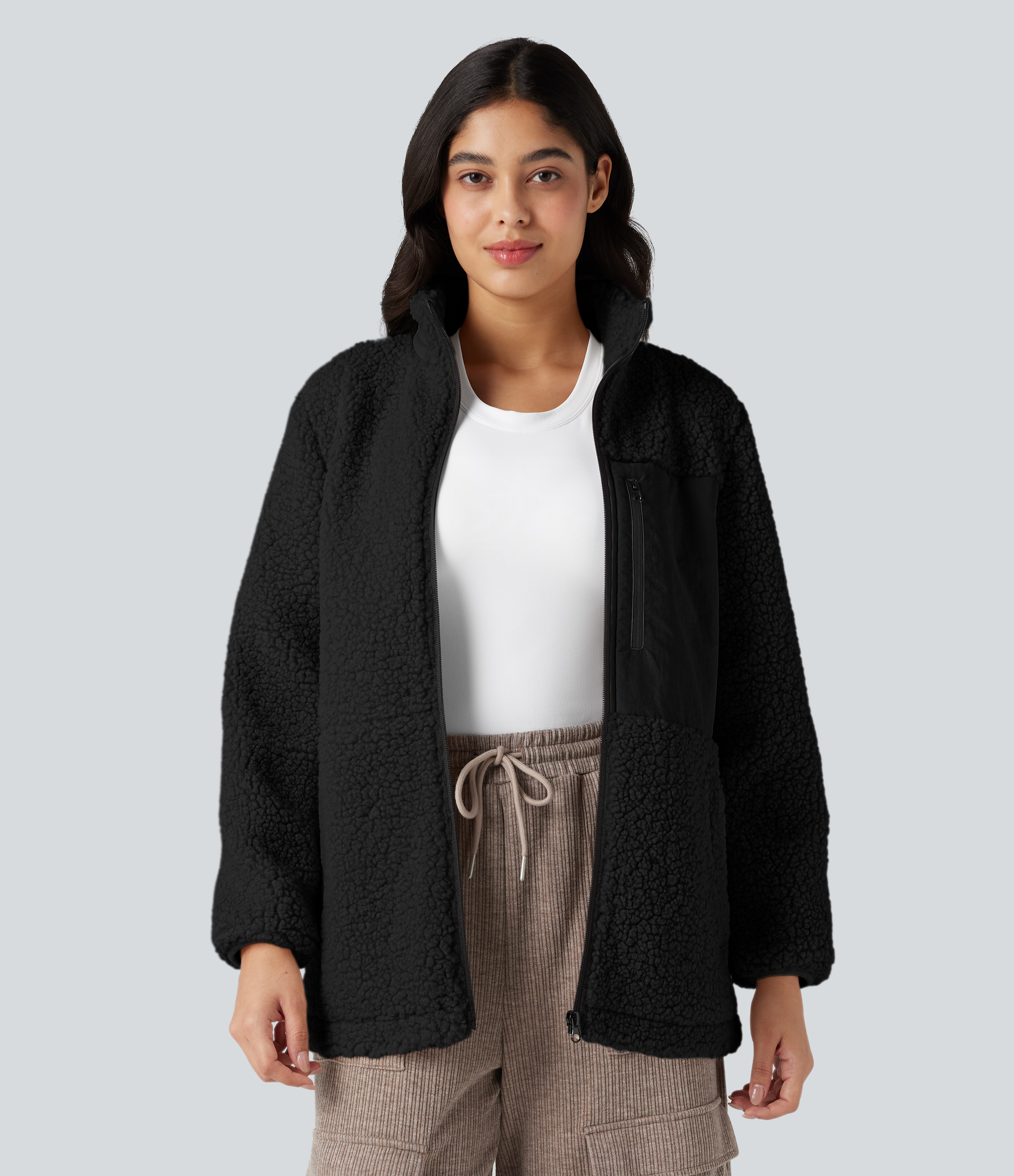 Stand Collar Zip Fly Relaxed Hiking Teddy Jacket with Pockets