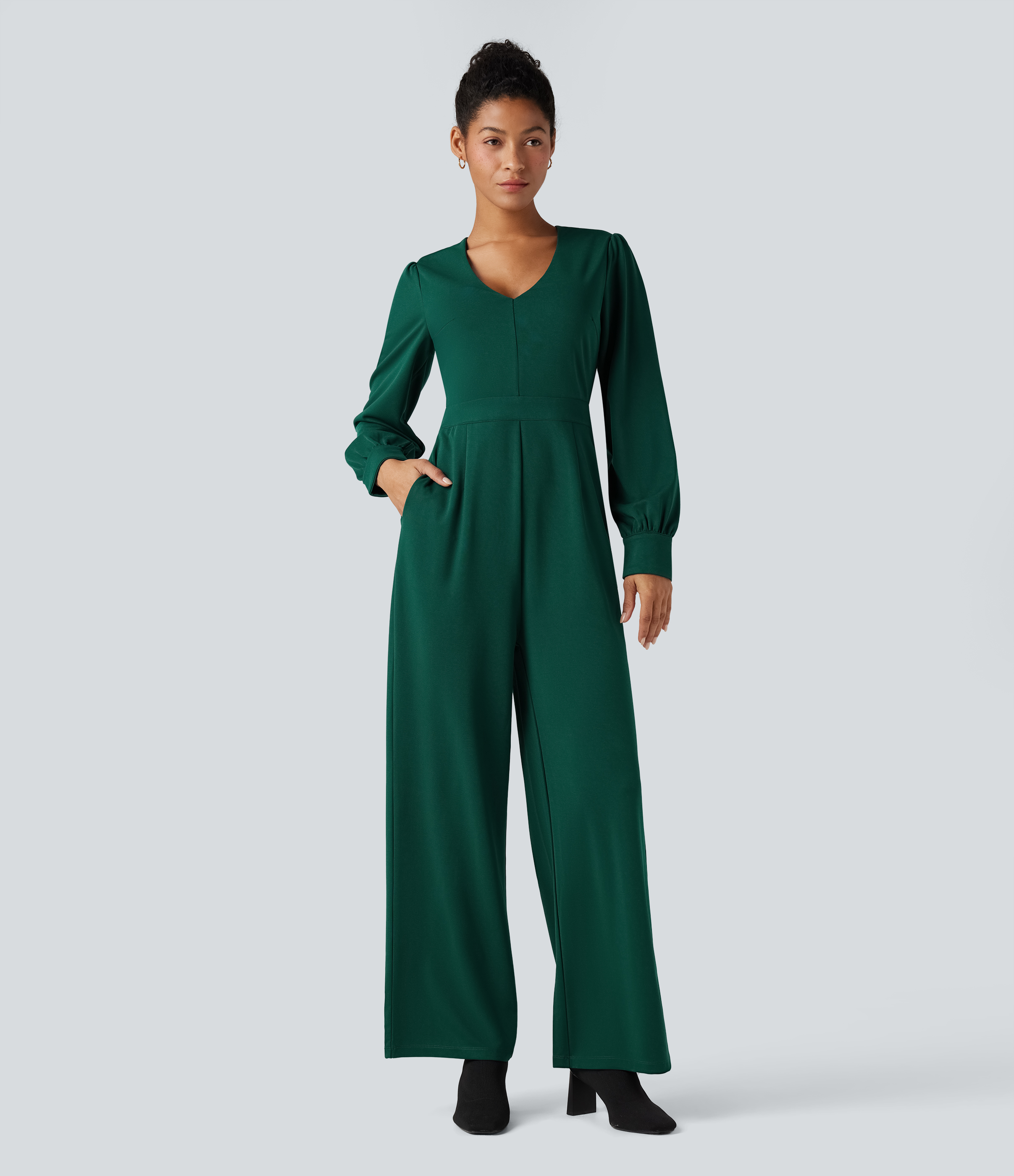 V Neck Puff Long Sleeve Straight Leg Work Jumpsuit with Pockets