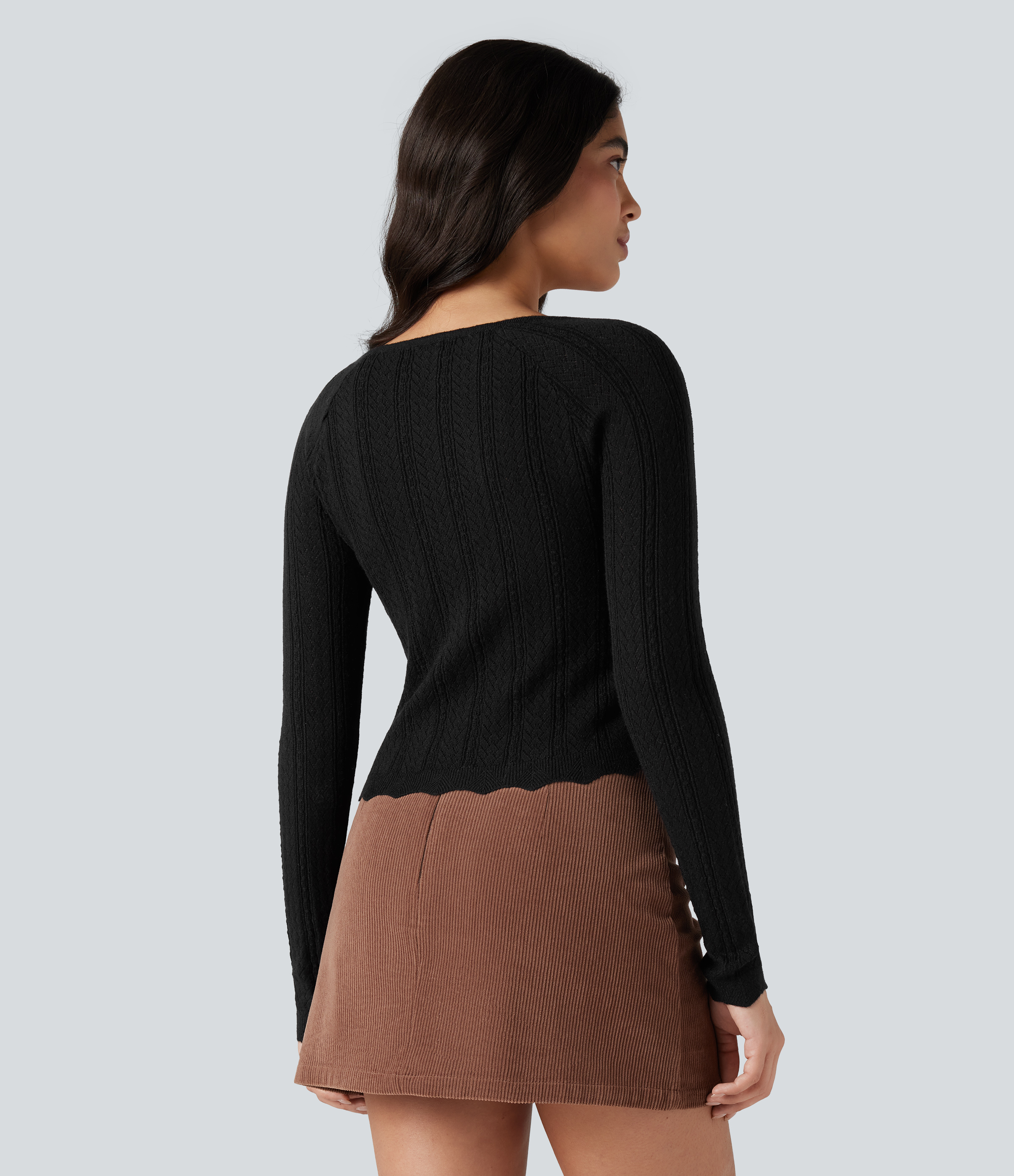 Black Square Neck Reglan Long Sleeve Scallop Hem Open Knit Casual Jumper / 2