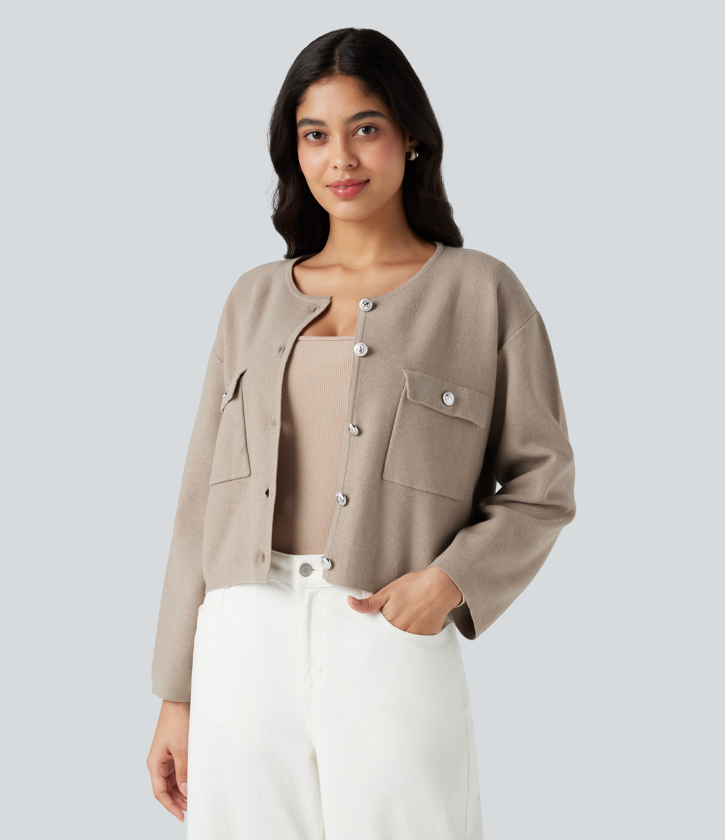 Round Neck Long Sleeve Casual Cardigan with Pockets