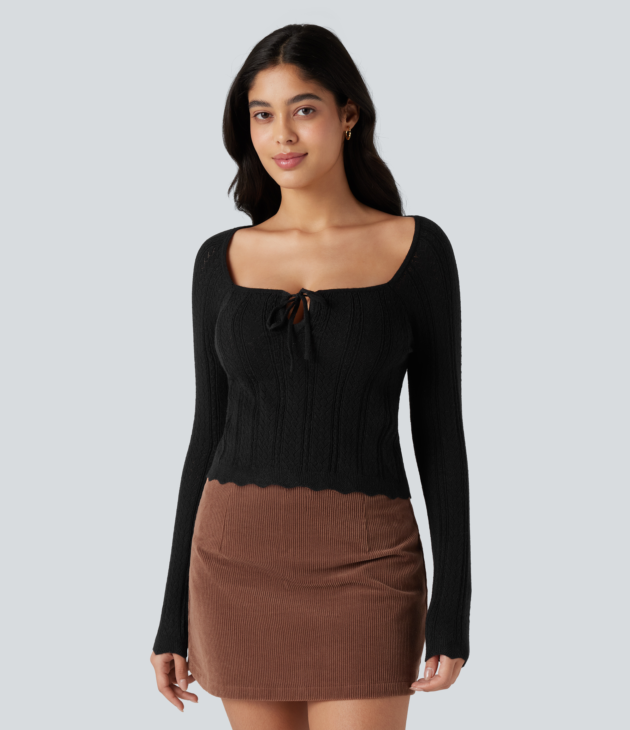 Square Neck Reglan Long Sleeve Scallop Hem Open Knit Casual Sweater