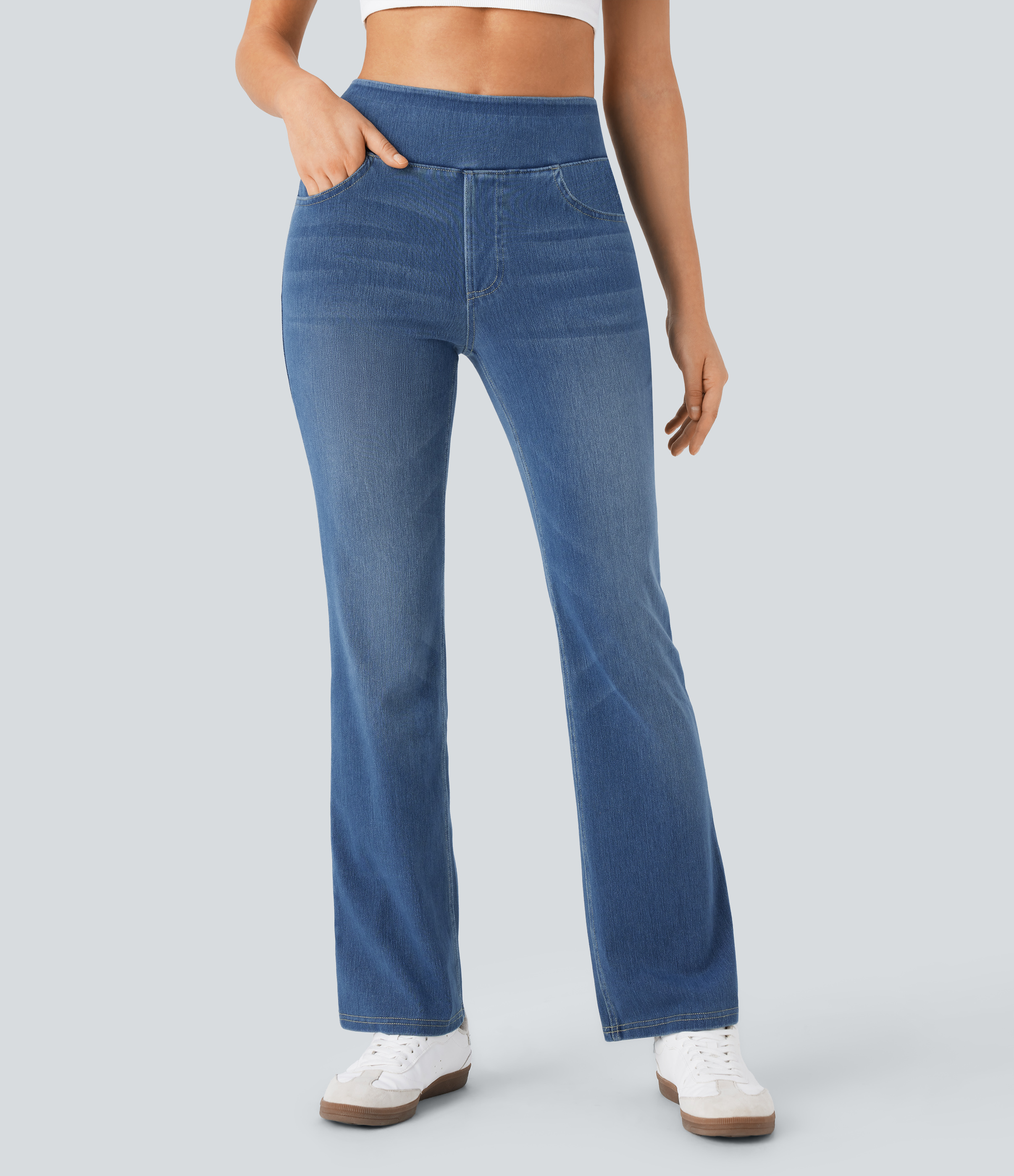 Halara Flex™ High Waisted Pockets Washed Casual Bootcut Jeans — Denim Dark Blue by Halara