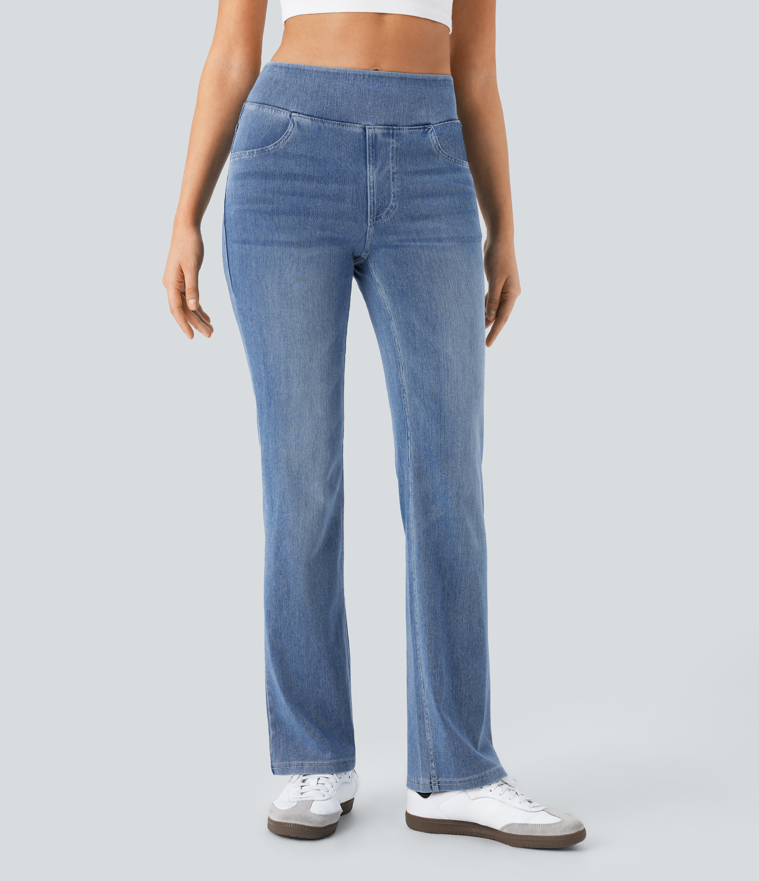 Halara Flex™ High Waisted Pockets Washed Casual Bootcut Jeans — Blue Gray Denim by Halara