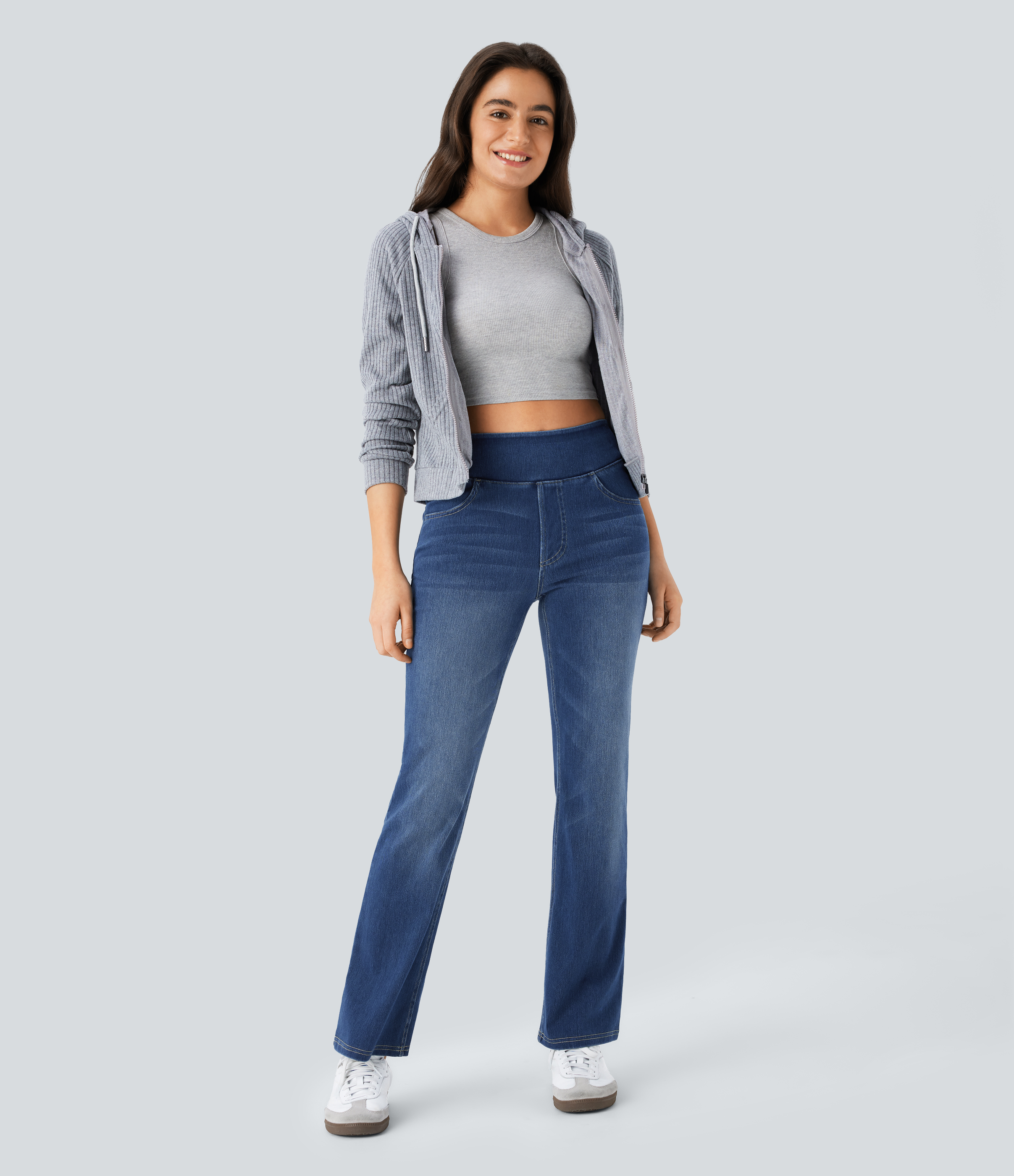 Halara Flex™ Jean bootcut décontracté extensible délavé taille haute à poches multiples