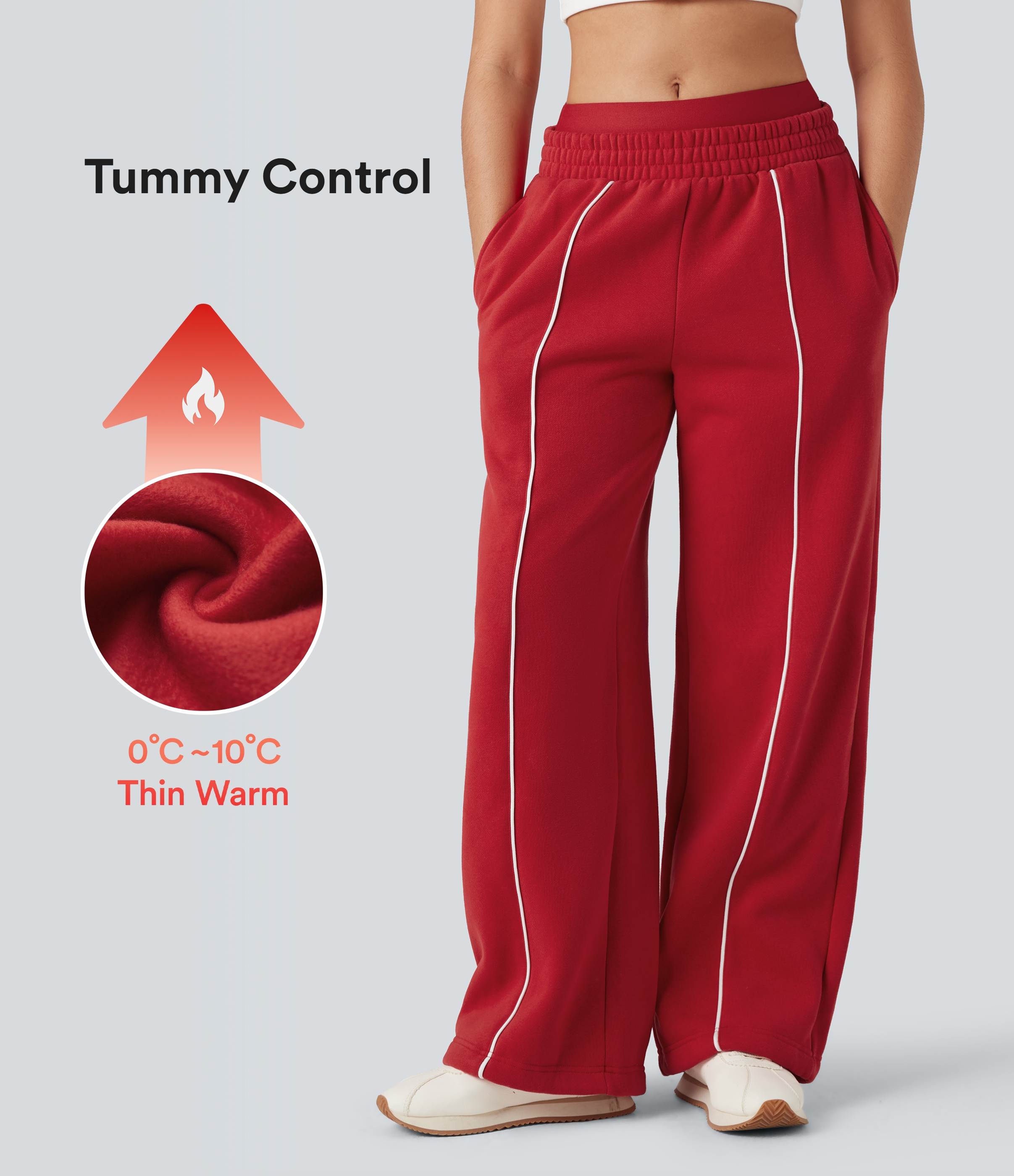Double Waistband High Waisted Tummy Control Color Block Fleece Casual Wide Leg Pants with Pockets