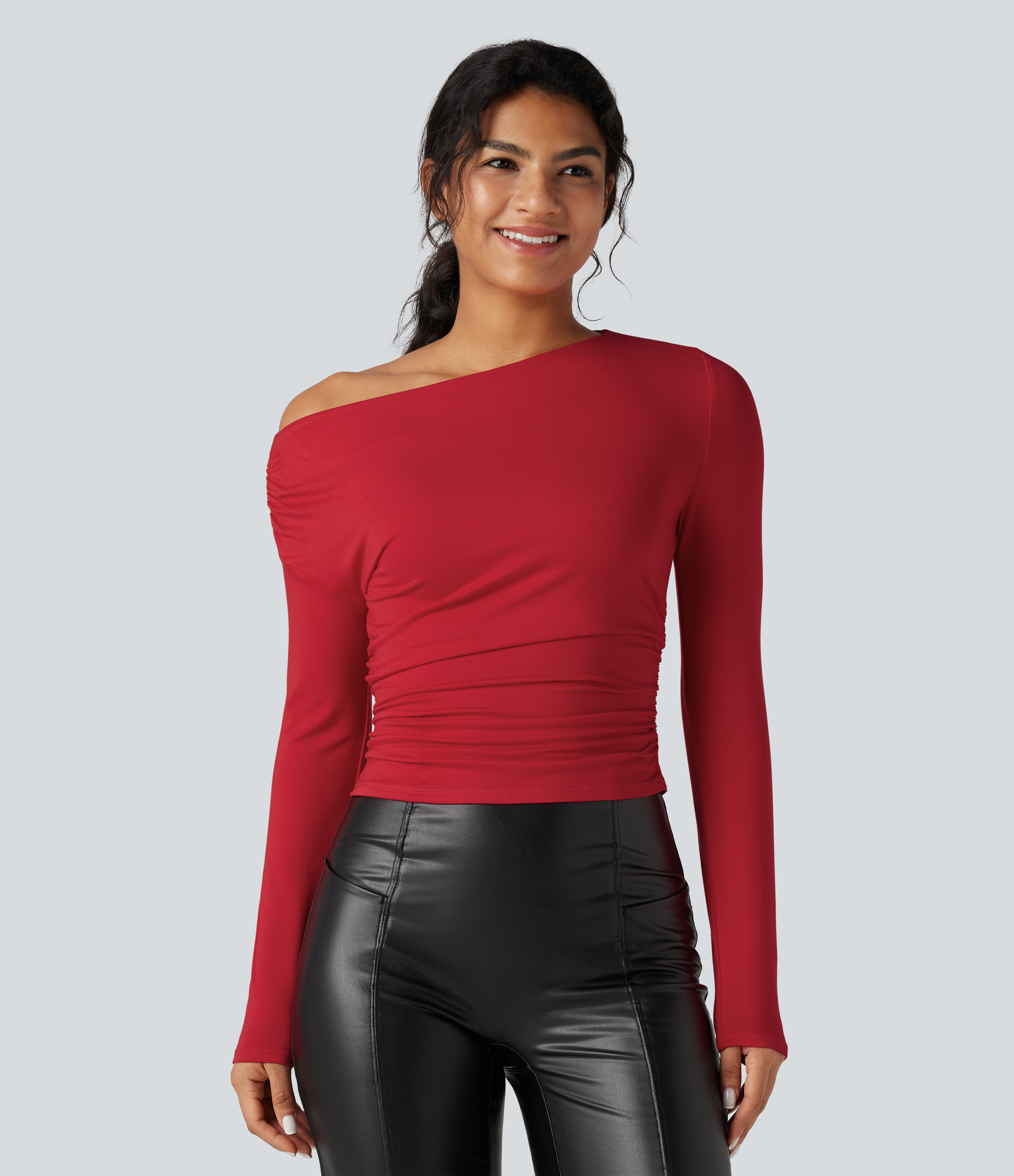 Haute Red One-shoulder Long Sleeve Ruched Casual Top / 2