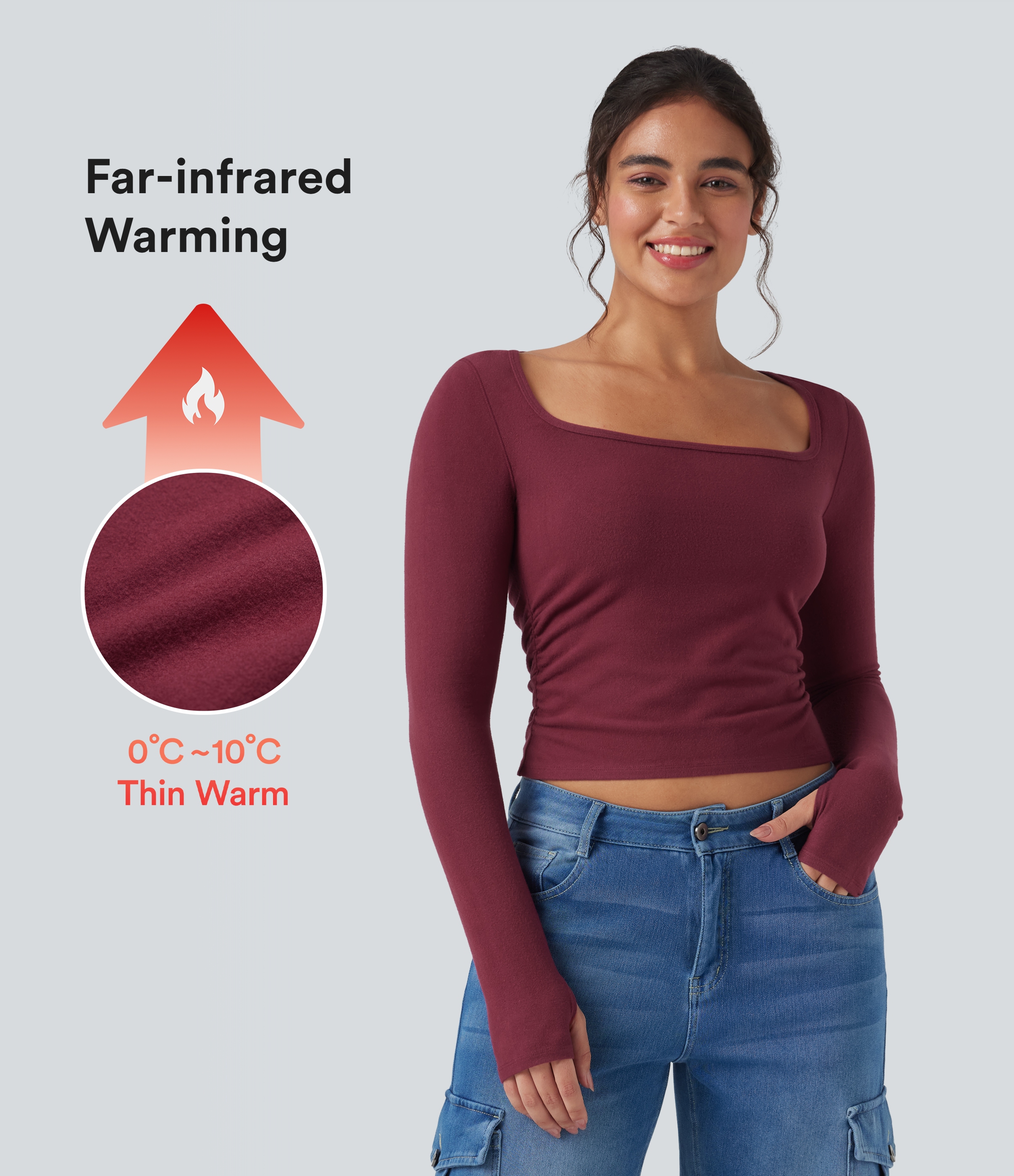 Halara HeatCore U-Neck Long Sleeve Thumb Holes Ruched Slim Casual Warming Top