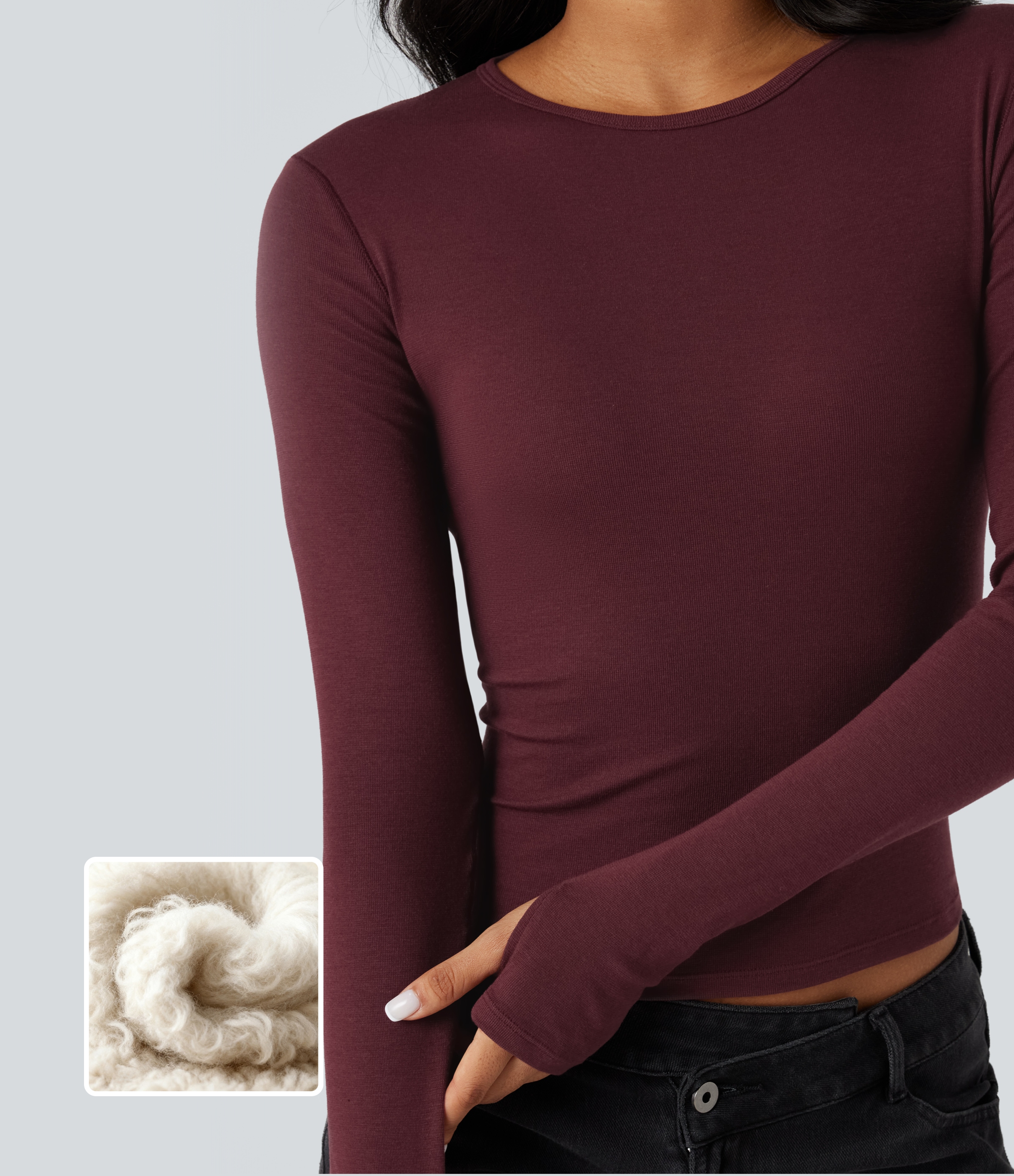 Zinfandel Round Neck Long Sleeve Thumb Holes Casual Wool-Blend Top / 1