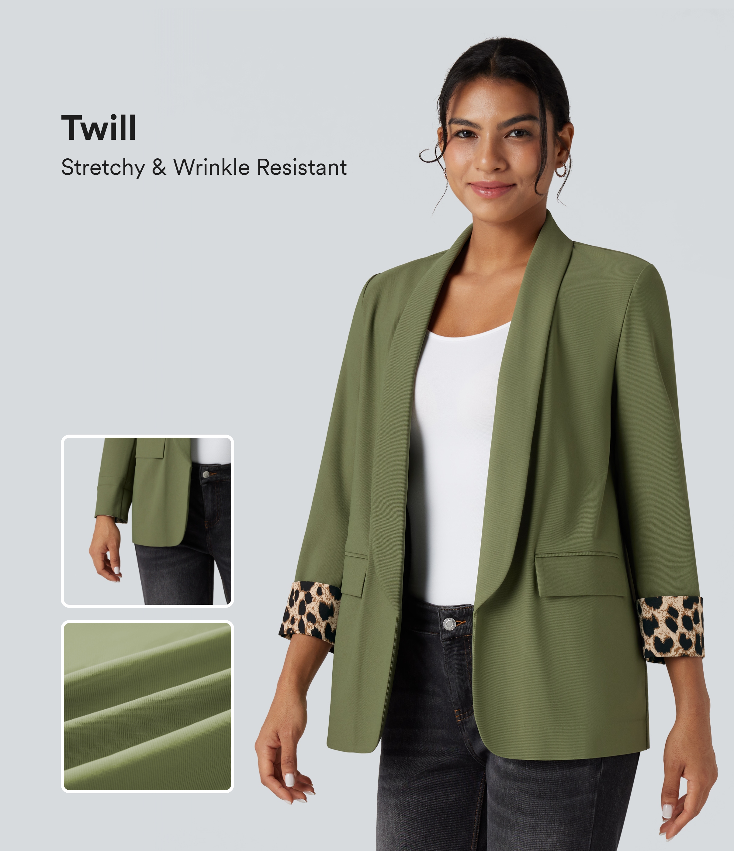 Tailored blazer in leopard print twill with a notched collar and long sleeves, featuring pockets