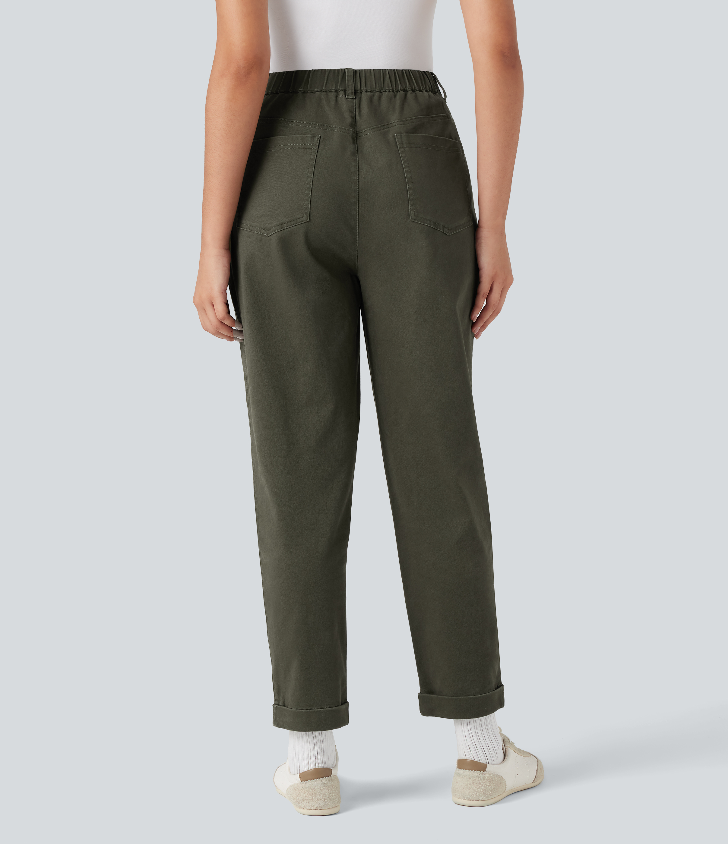 Forest Night High Waisted Casual Chino Cotton Tapered Trousers with Pockets / 2