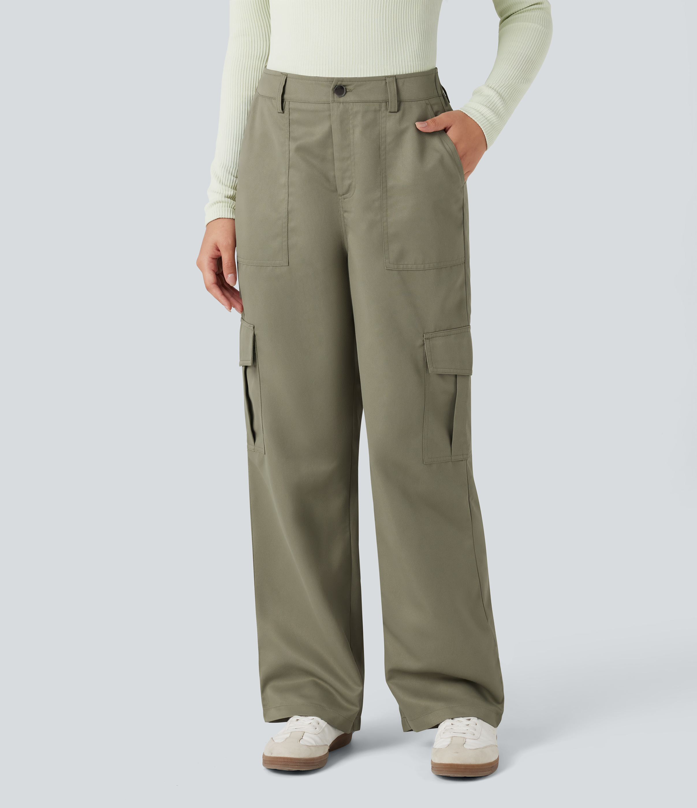 Mid Rise Casual Straight-leg Cargo Pants with Pockets