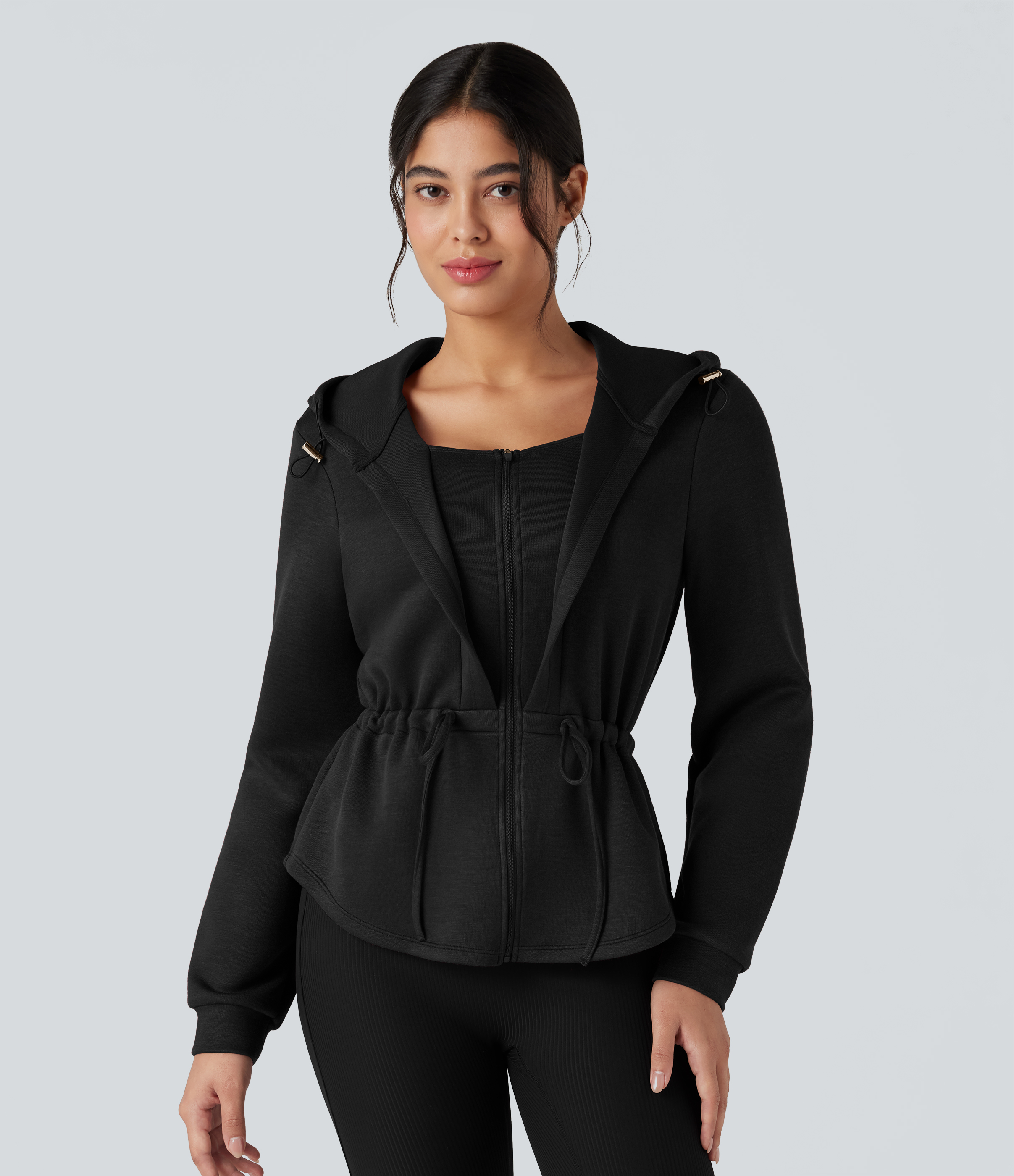 SpacerTek™ Hooded Long Sleeve Drawstring Zip Fly Curved Hem Workout Jacket