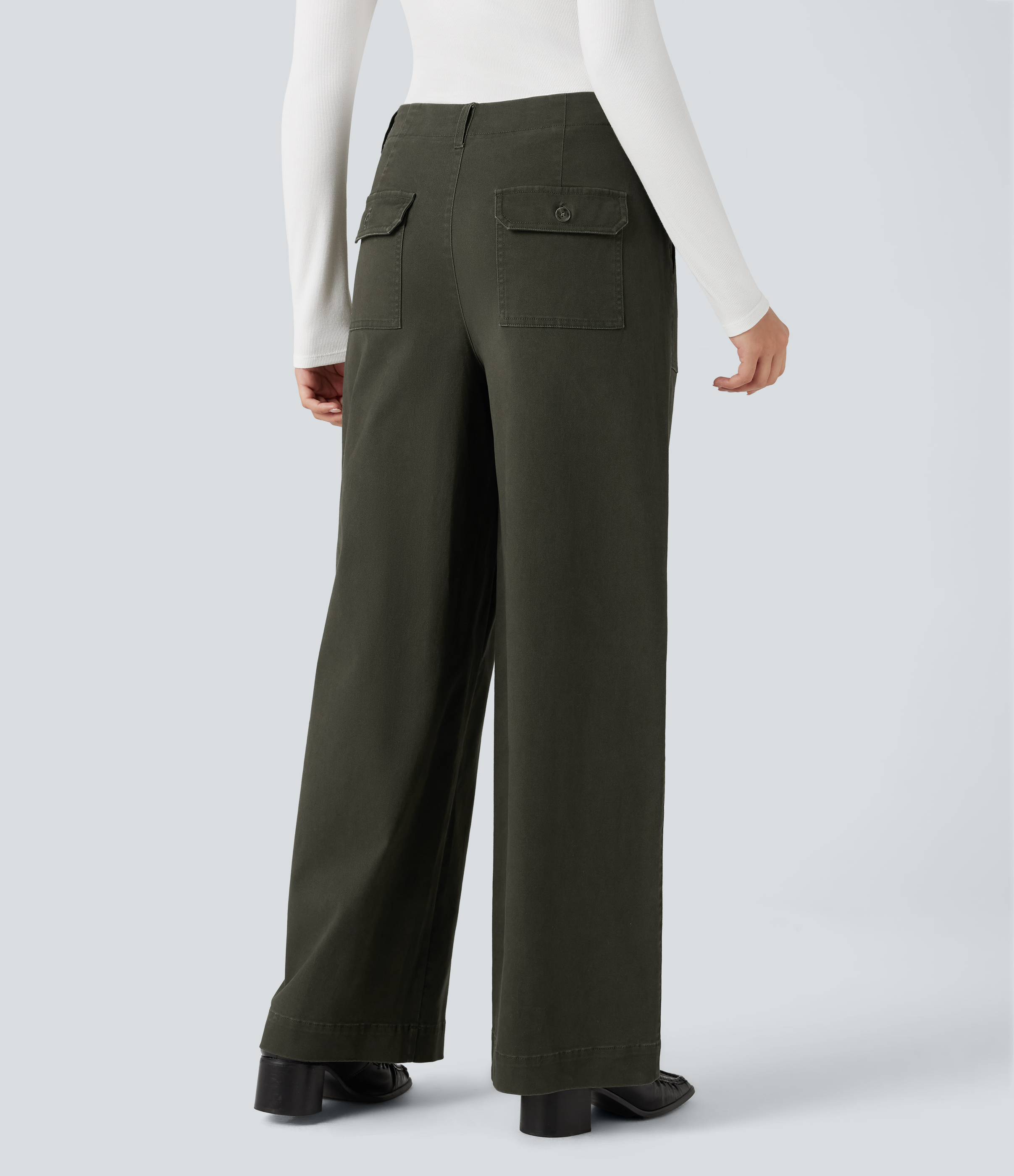 Forest Night Mid Rise Wide Leg Casual Chino Cotton Trousers with Pockets / 2