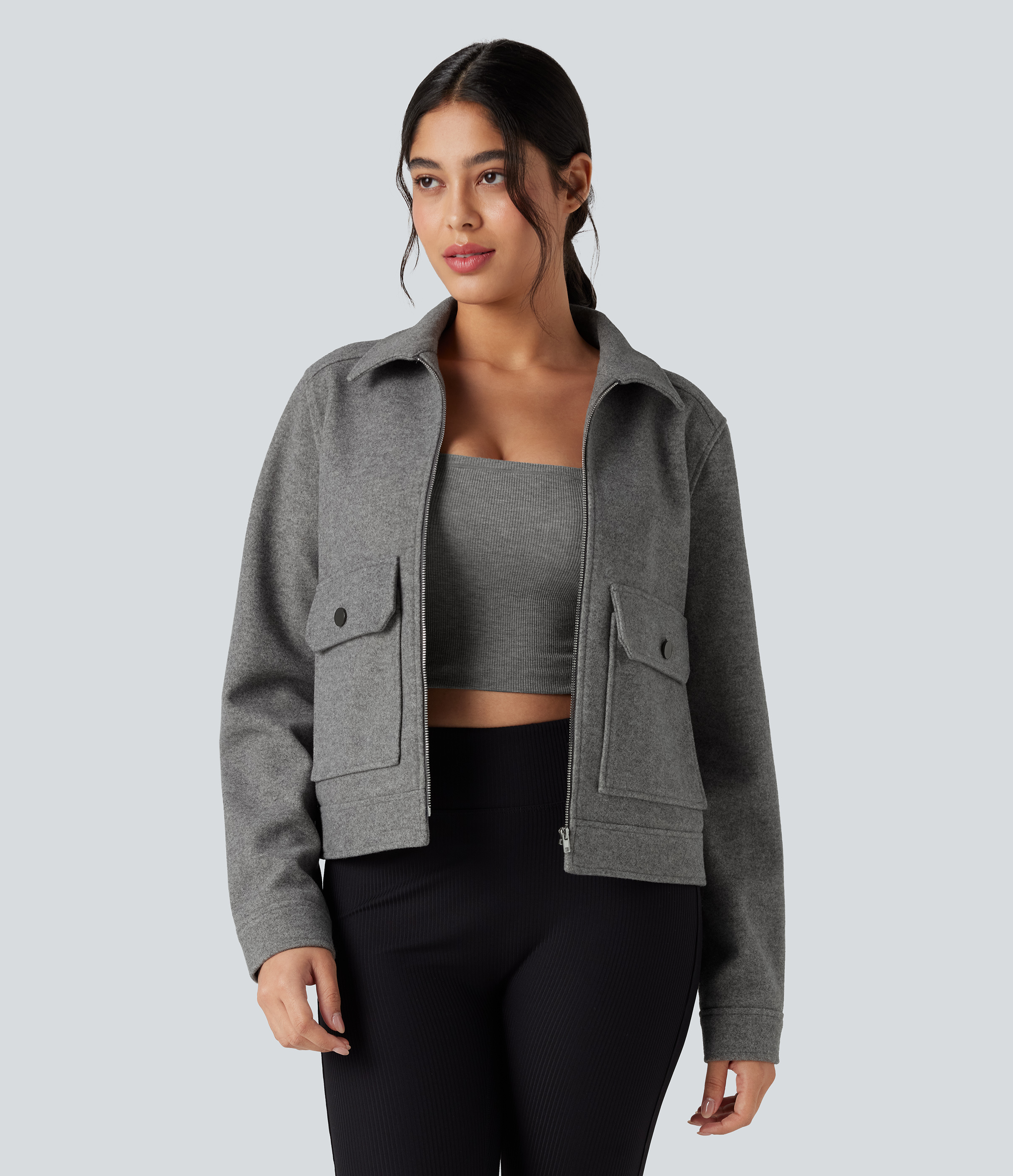 Long Sleeve Zipper Fleece Casual Jacket with Pockets