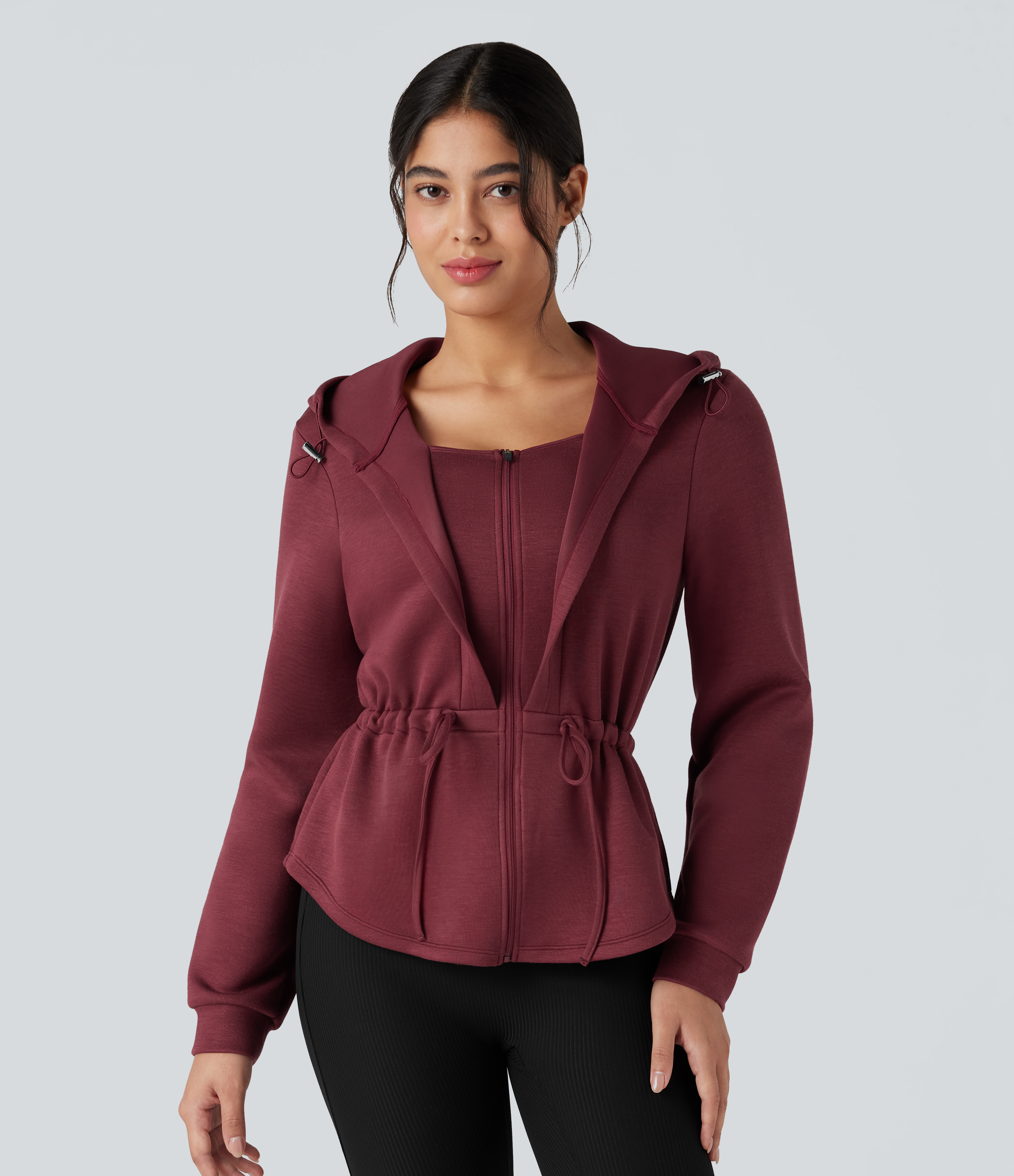 SpacerTek™ Hooded Long Sleeve Drawstring Zip Fly Curved Hem Workout Jacket