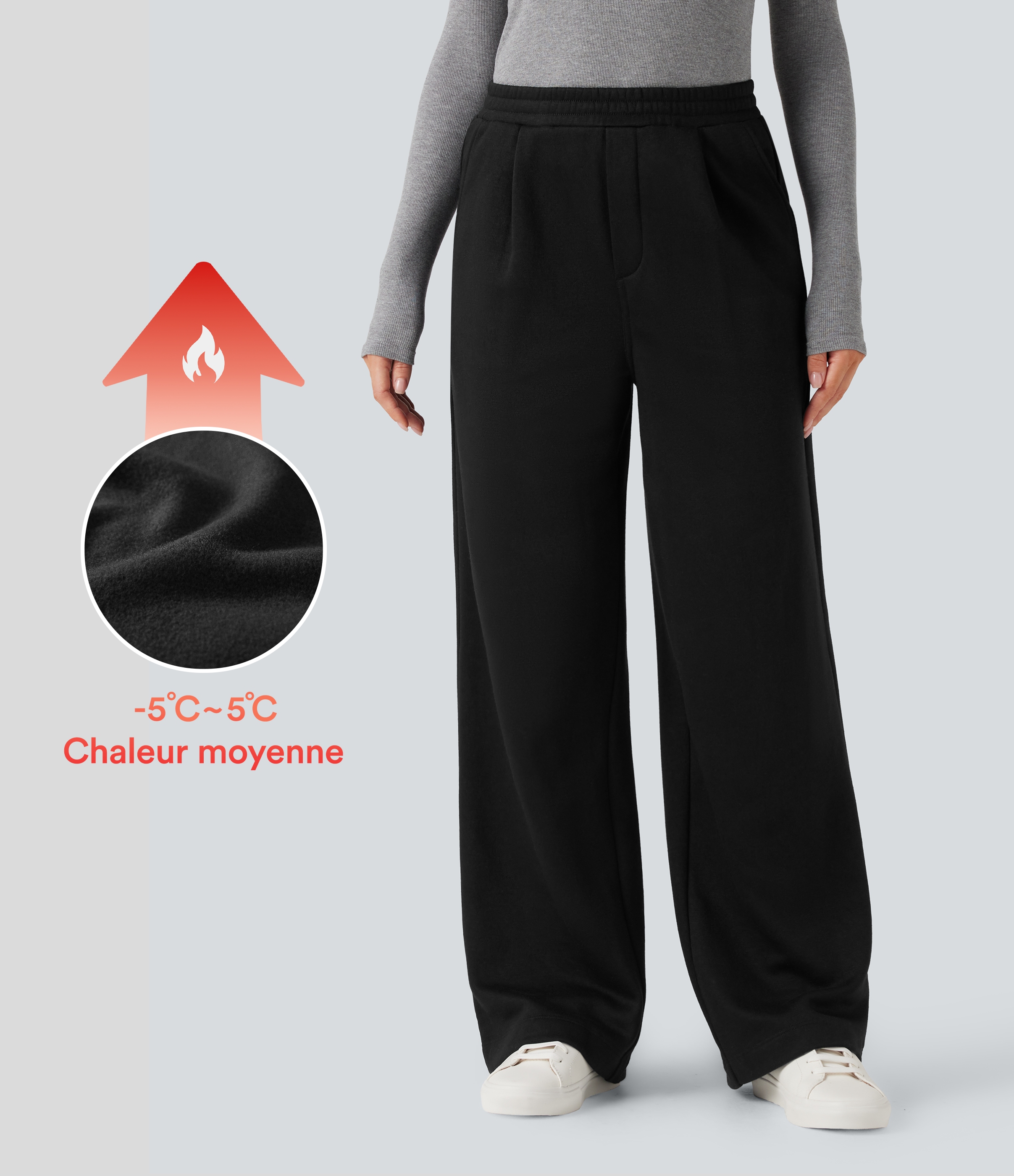 Noir Pantalon jogging tailleur polaire coupe droite taille haute avec poches / 1