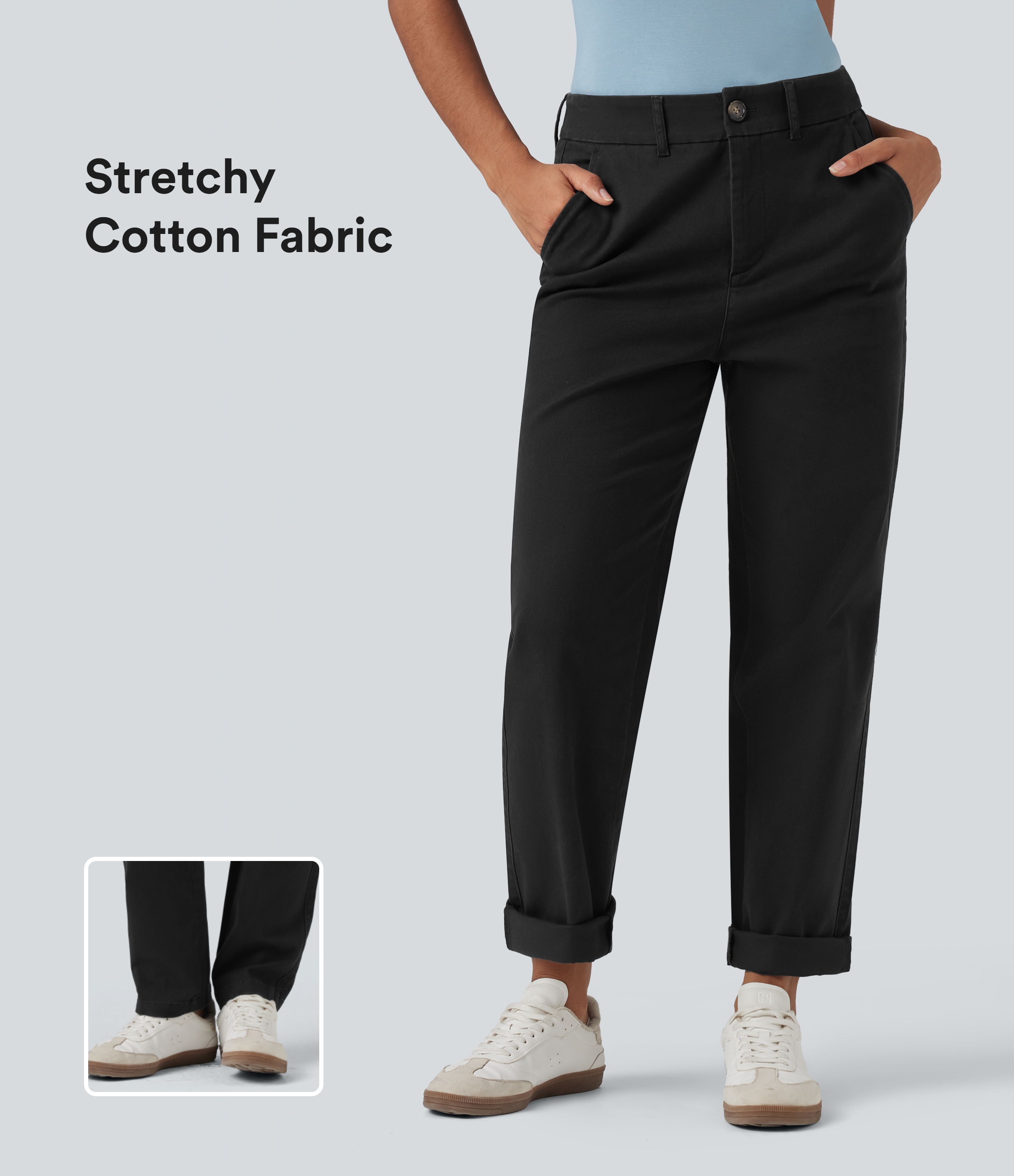 Mid Rise Tapered Casual Chino Cotton Pants with Pockets