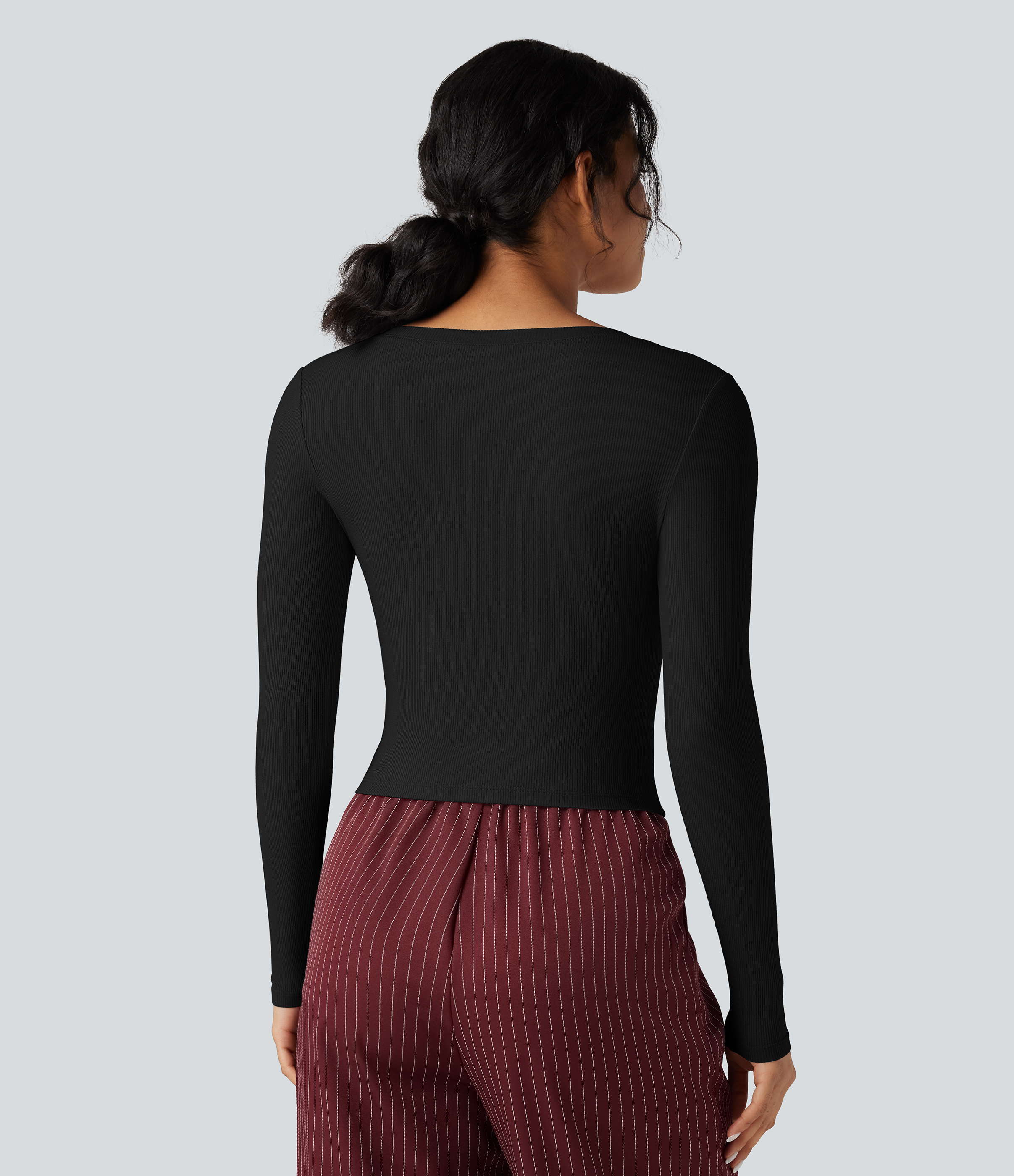 Black Ribbed Knit V Neck Long Sleeve Cropped Work T-Shirt / 2