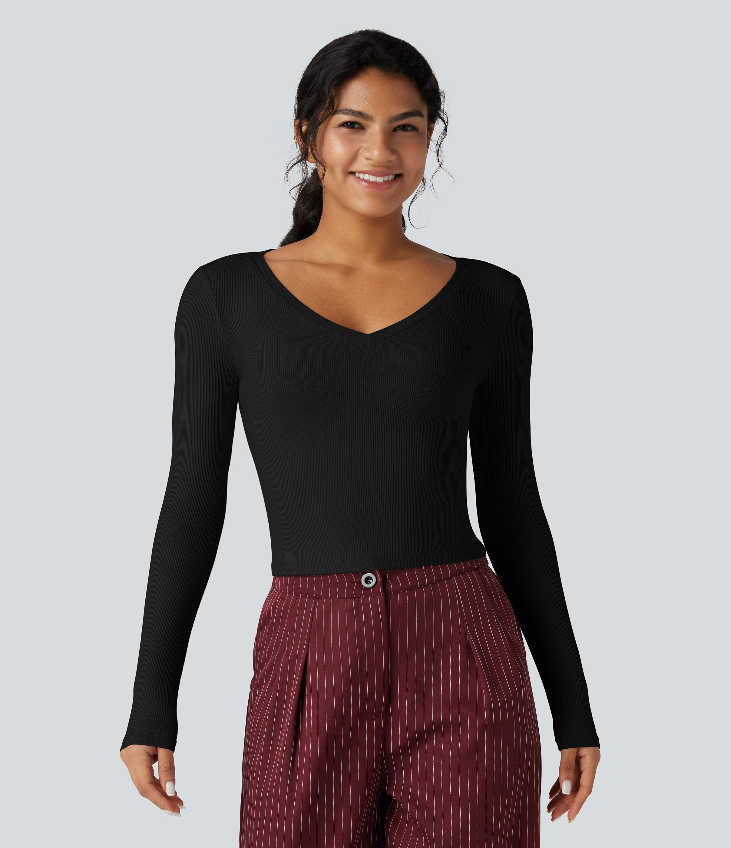 Ribbed Knit V Neck Long Sleeve Cropped Work T-Shirt