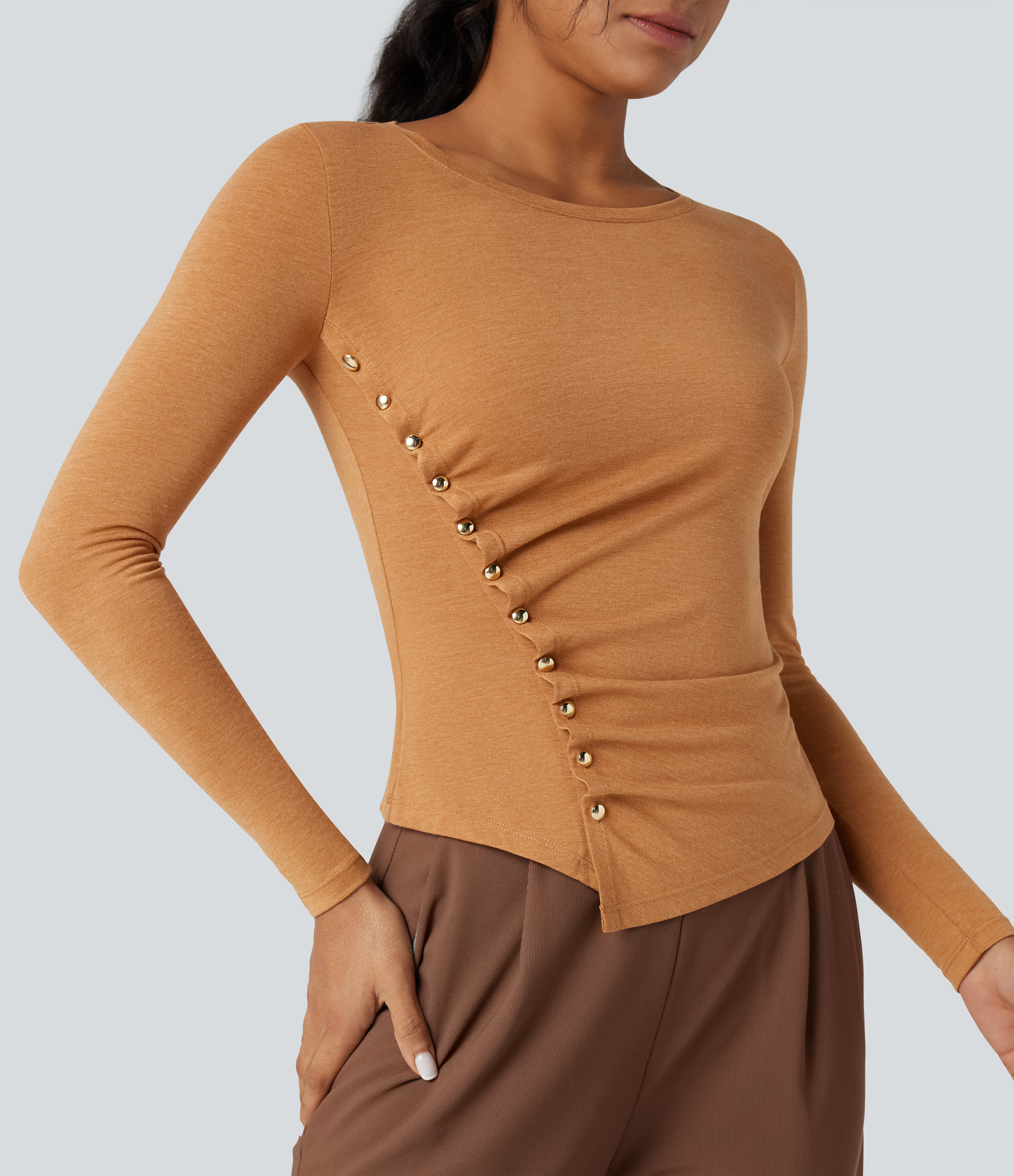 Crew Neck Long Sleeve Asymmetric Hem Work T-Shirt