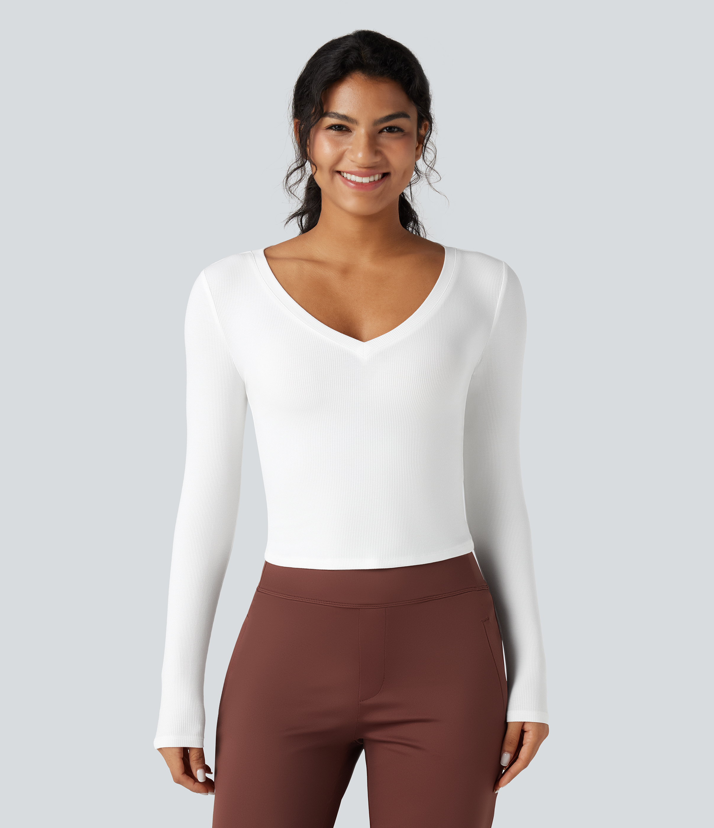 Ribbed Knit V Neck Long Sleeve Cropped Work T-Shirt