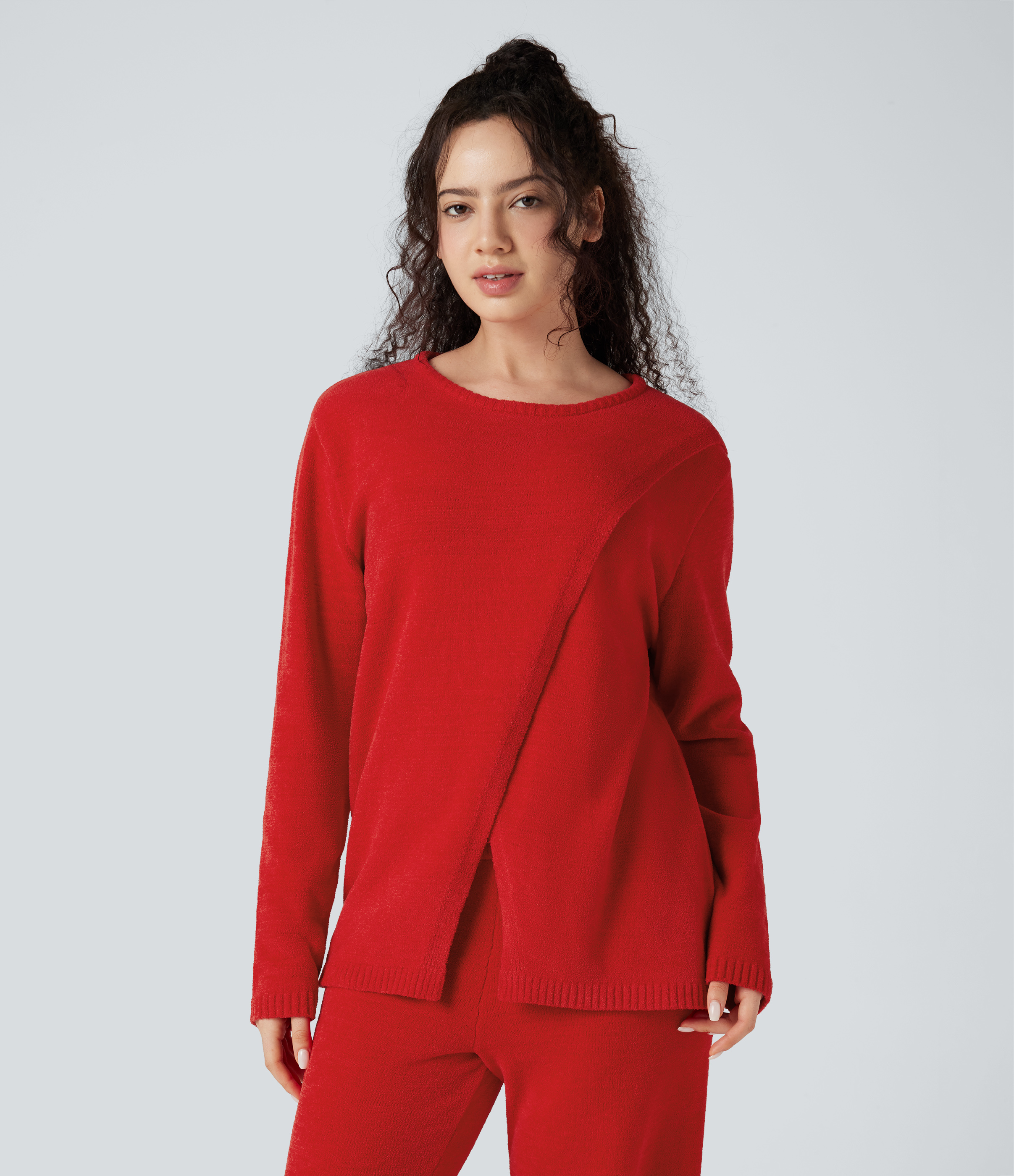 Round Neck Long Sleeve Sweater Knit Lounge Top