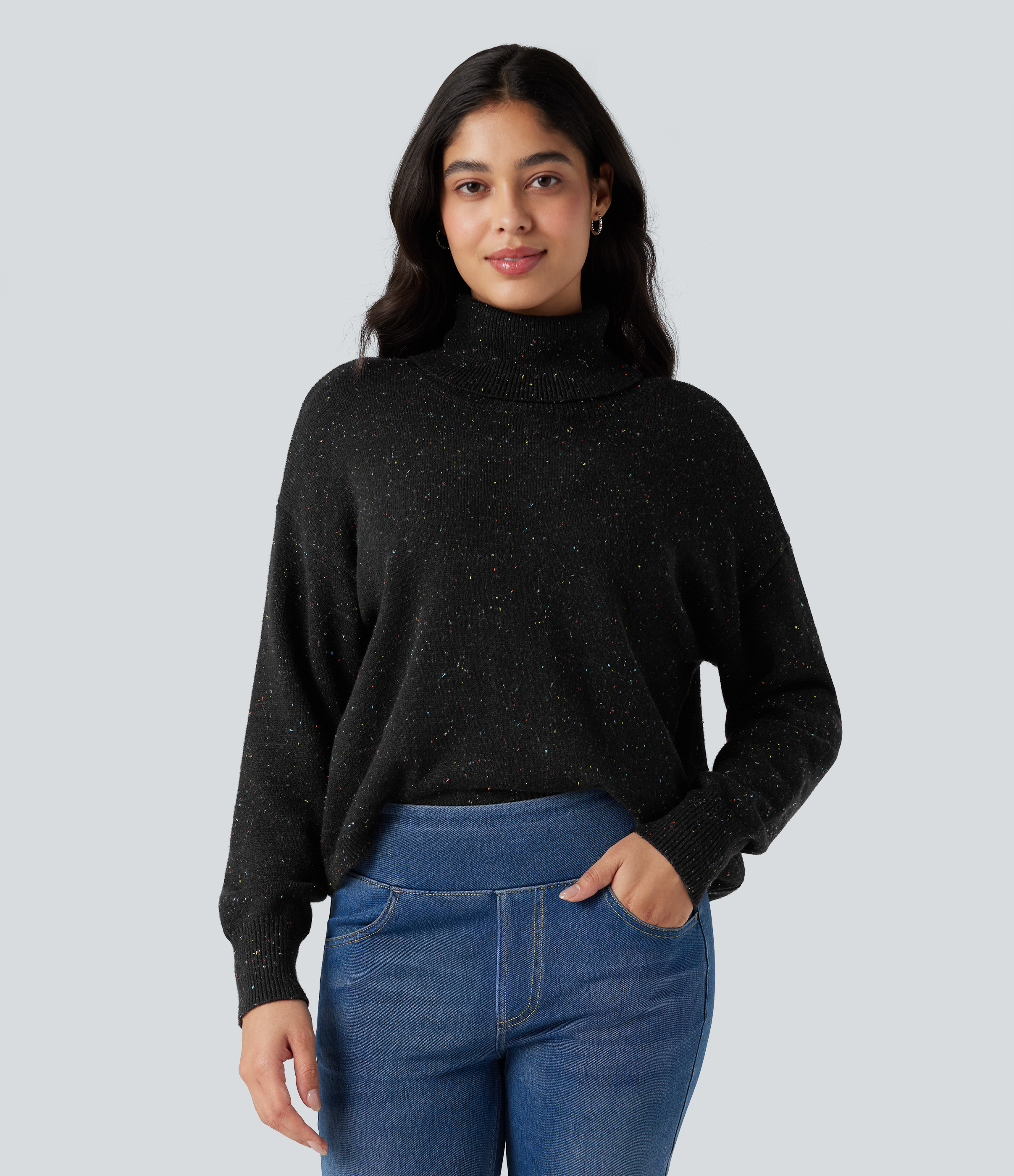 Black High Neck Long Sleeve Casual Sweater / 1