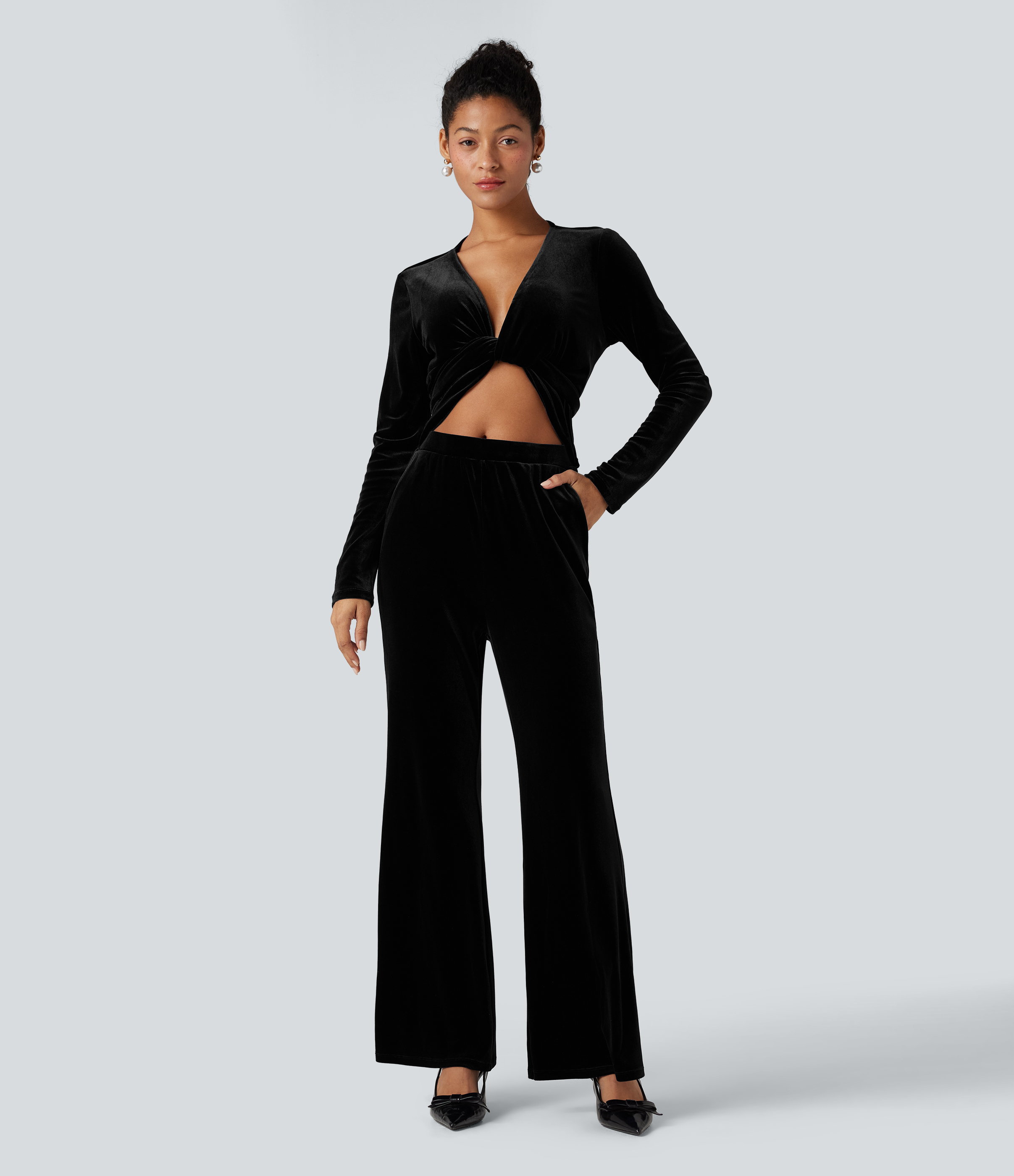 Deep V-neck Long Sleeve Twisted Tie Back Velvet Party Jumpsuit with Pockets-Easy Peezy