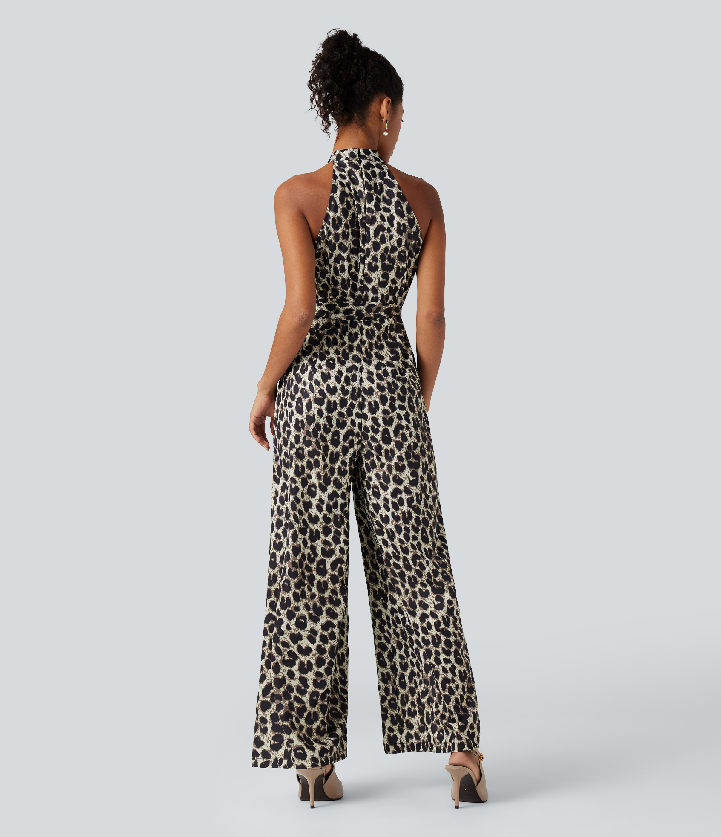 Gold Leopard Print Halter Sleeveless Belted Leopard Party Jumpsuit with Pockets / 2