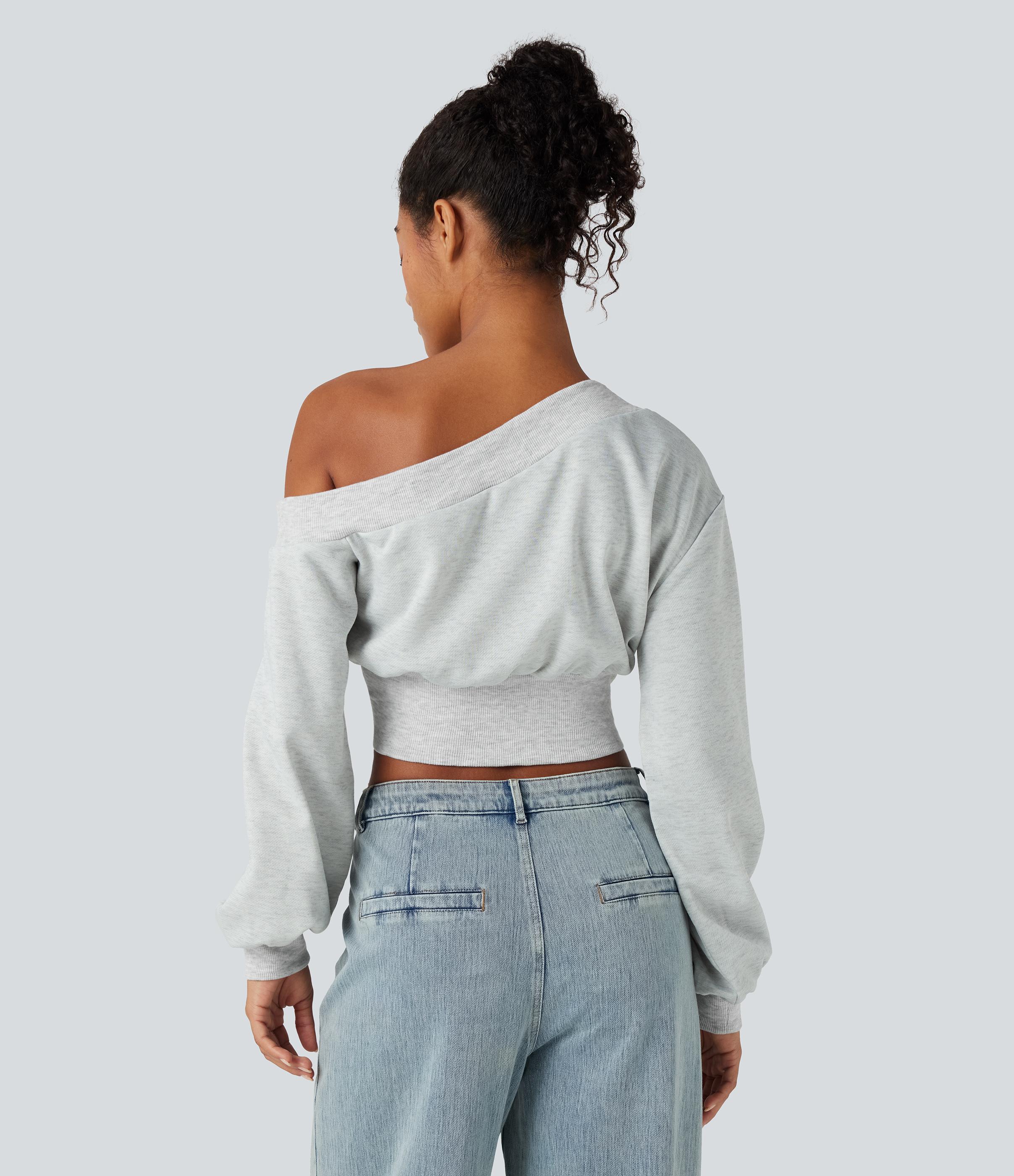 Mottled Grey One-shoulder Long Sleeve Cropped Casual Sweatshirt / 2