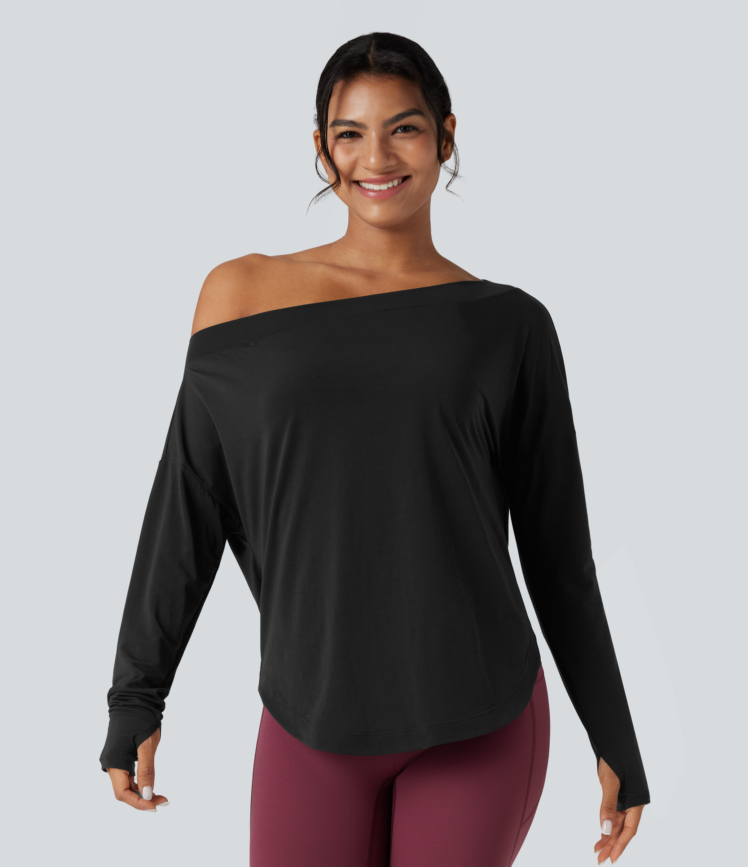 Black One Shoulder Long Sleeve Thumb Hole Curved Hem High Low Quick Dry Yoga Sports Top-Built-in Bra / 2