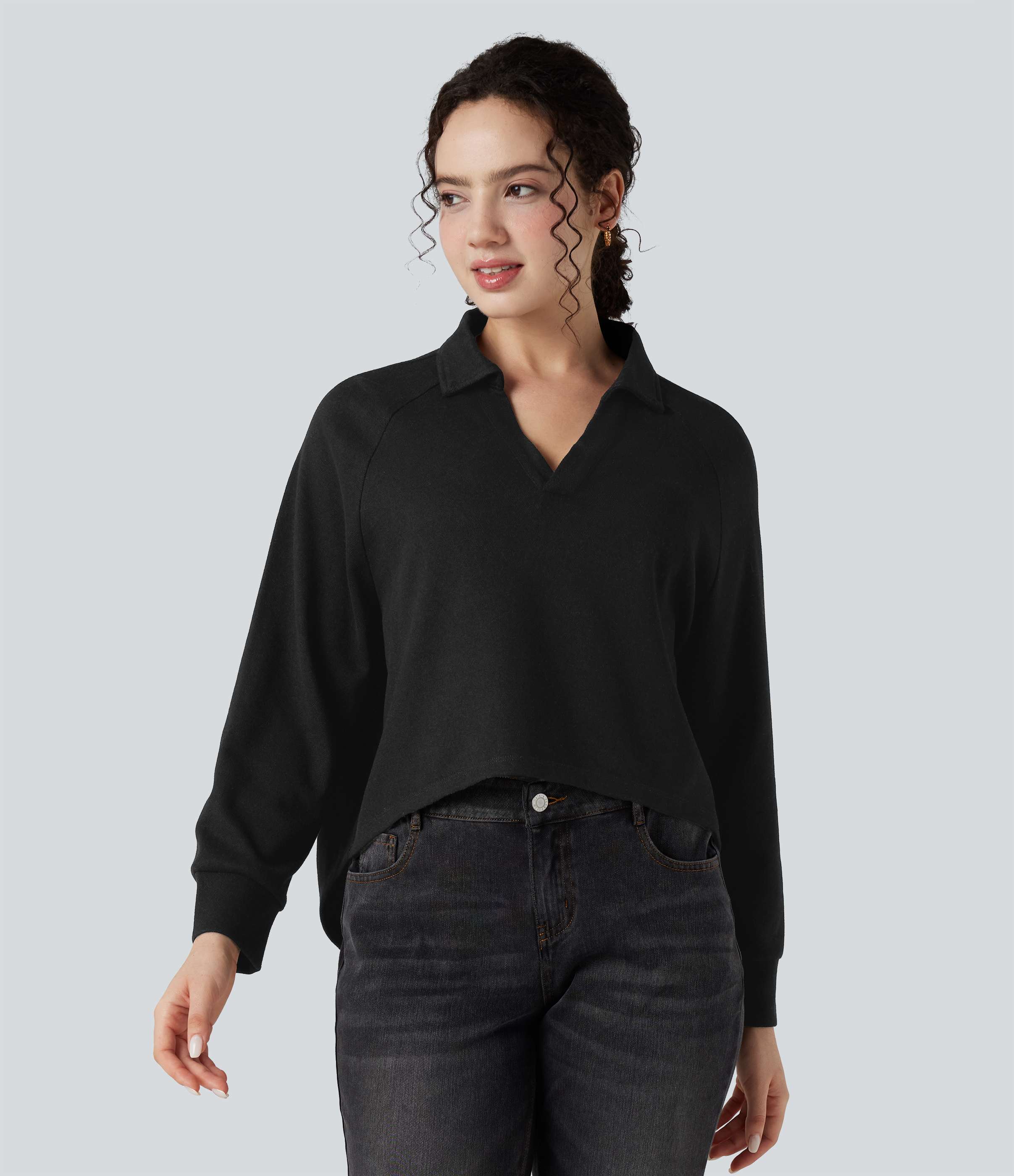 Sweatshirt mit Reverskragen und Raglanärmeln, langärmlig, High‑Low‑Saum, locker und lässig