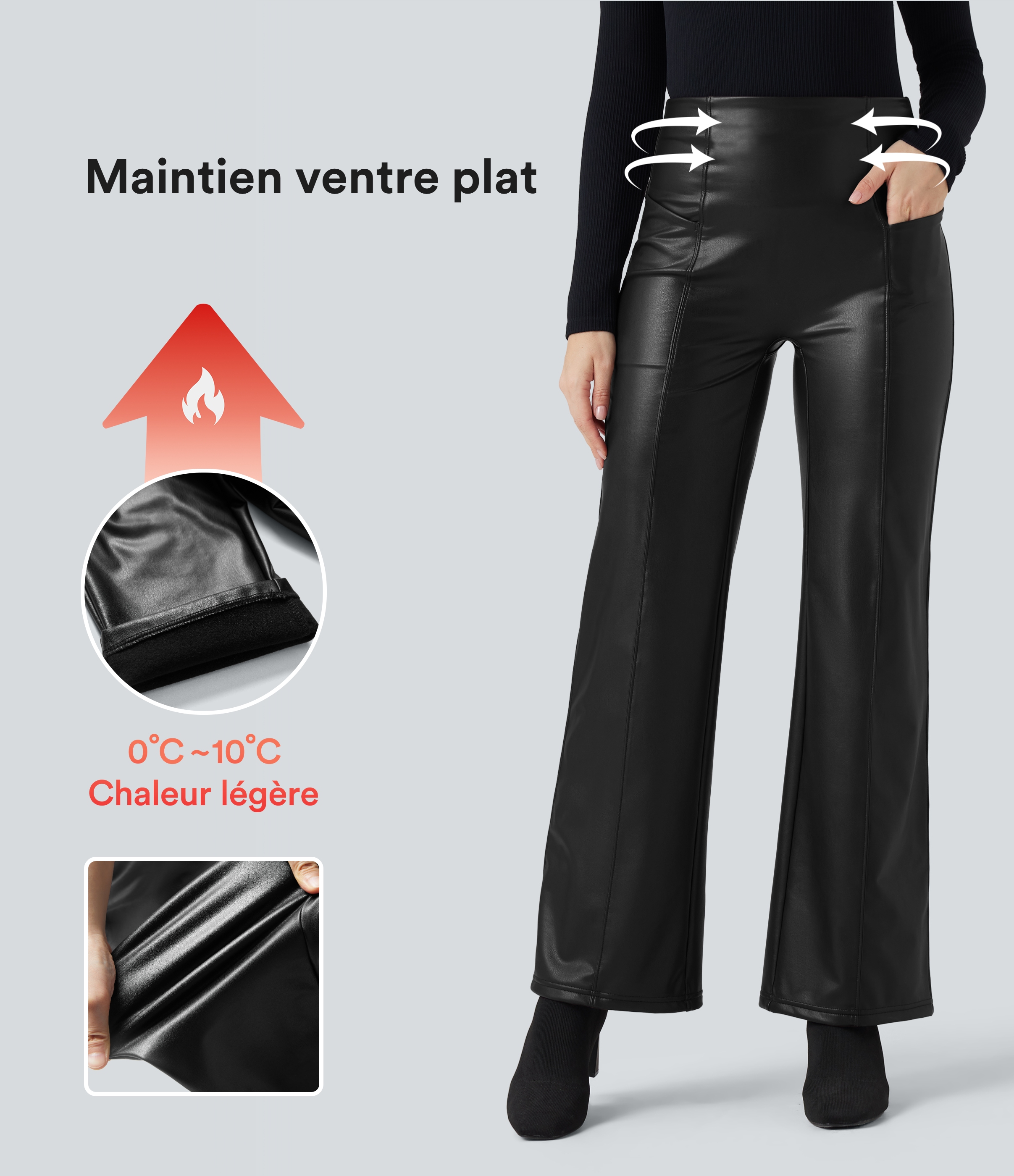 Pantalon similicuir évasé gainant taille haute stretch avec poches