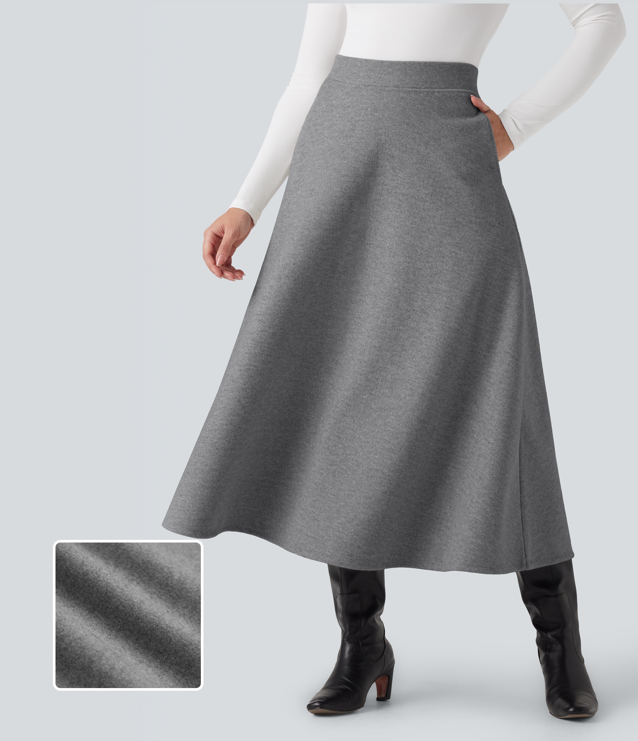 Charcoal Grey Jupe mi-longue évasée polaire taille haute avec poches / 1