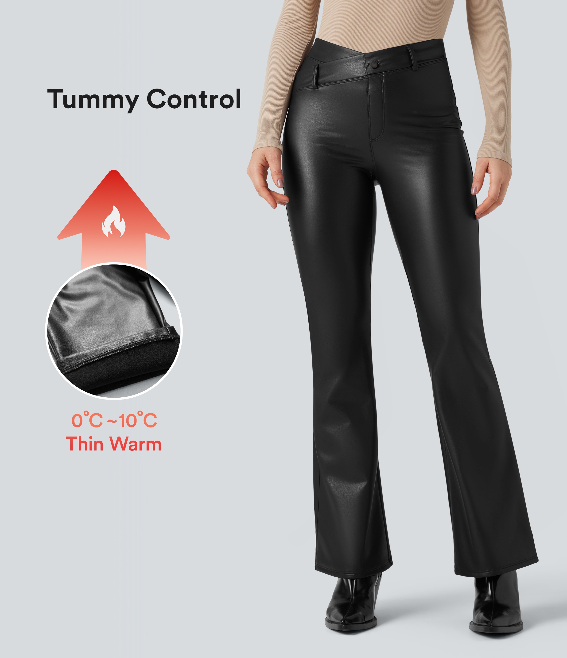 Asymmetric High Waisted Tummy Control Stretchy PU Fleece Casual Flare Pants with Pockets