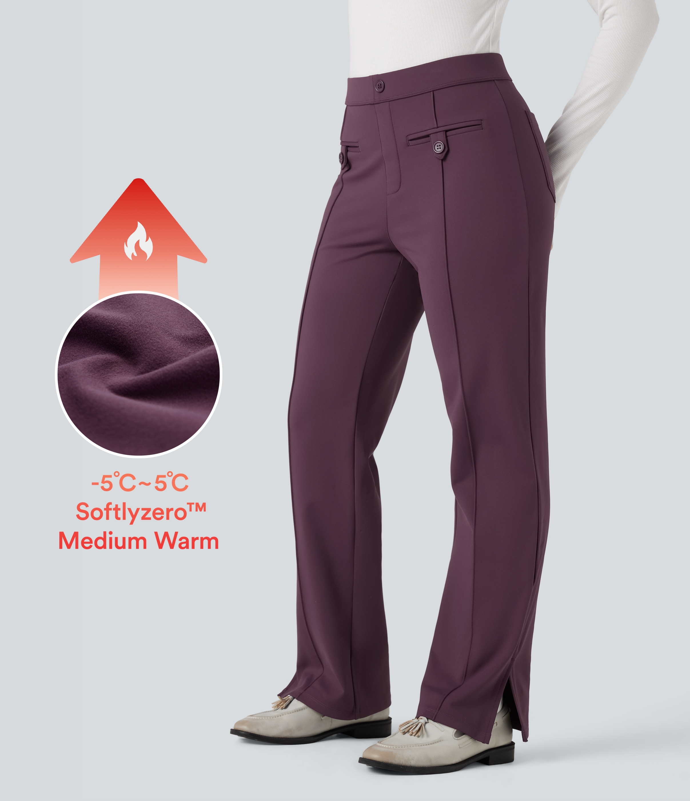 SoftlyZero™ Plush Thermal Mid Rise Split Hem Straight Leg Suit Work Pants with Pockets