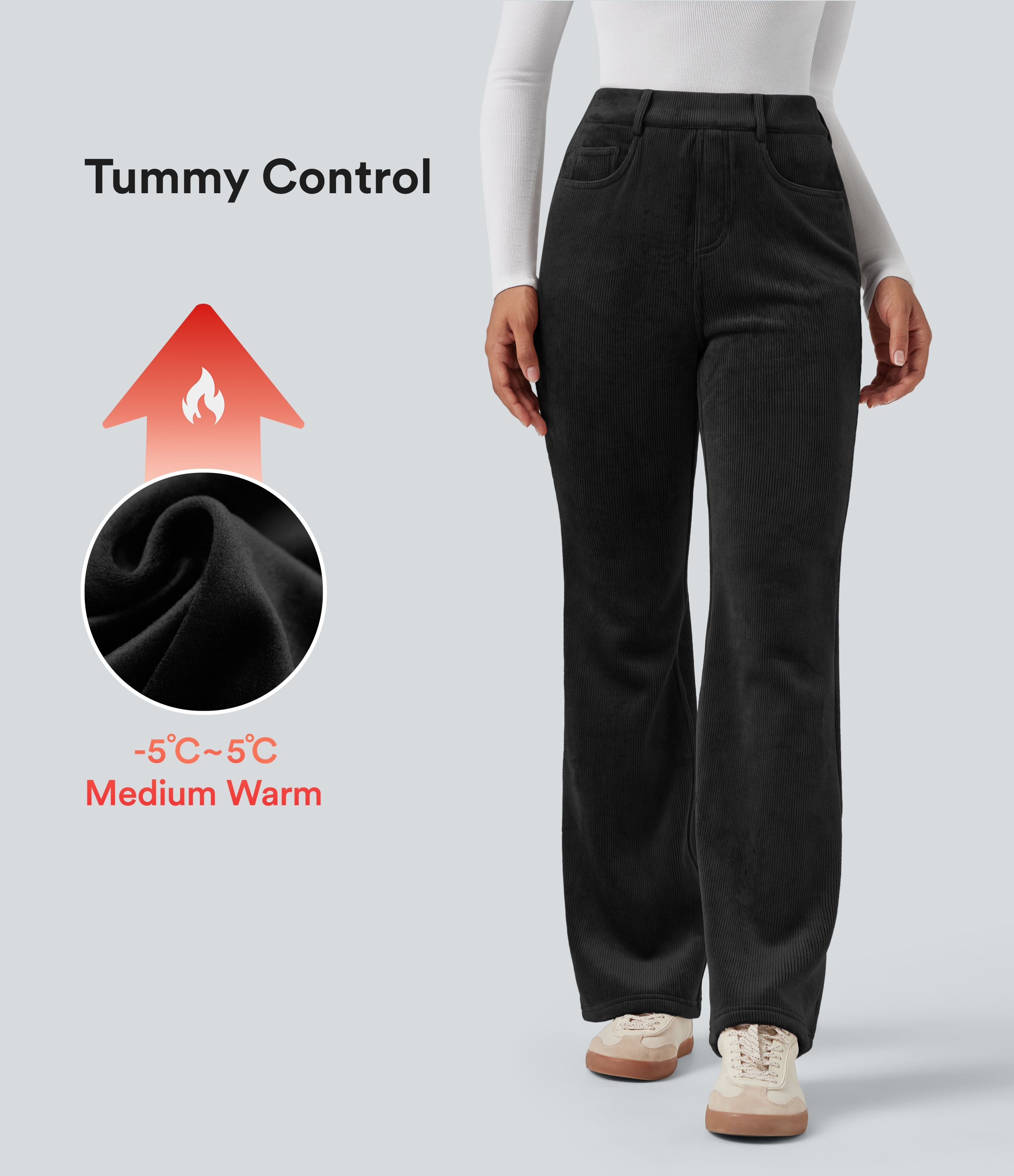 High Waisted Tummy Control Fleece Corduroy Casual Flare Pants with Pockets