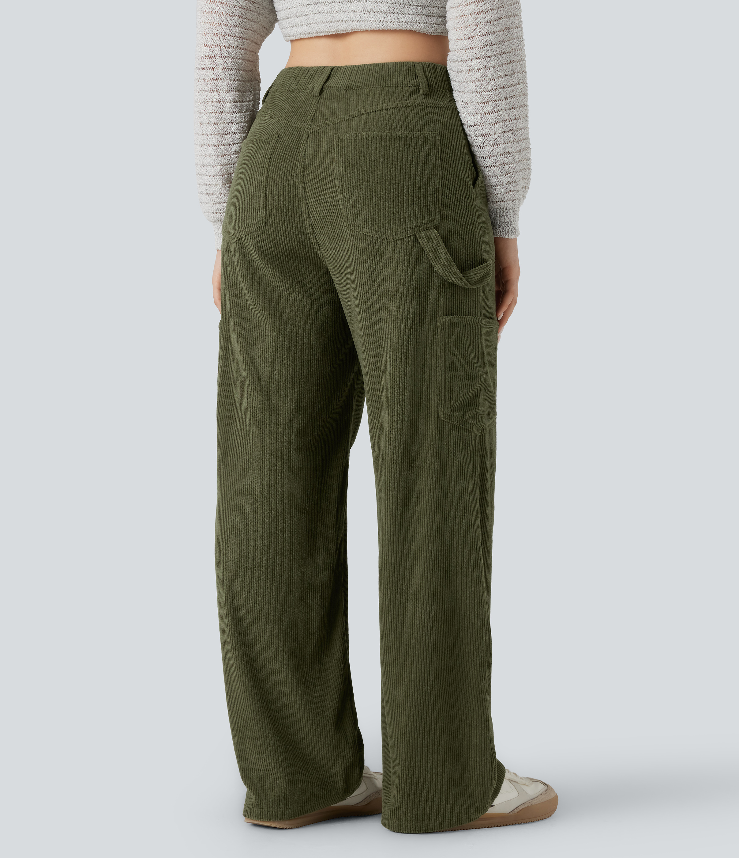 Hazel Mist Green High Waisted Straight Leg Corduroy Casual Pants with Pockets / 2