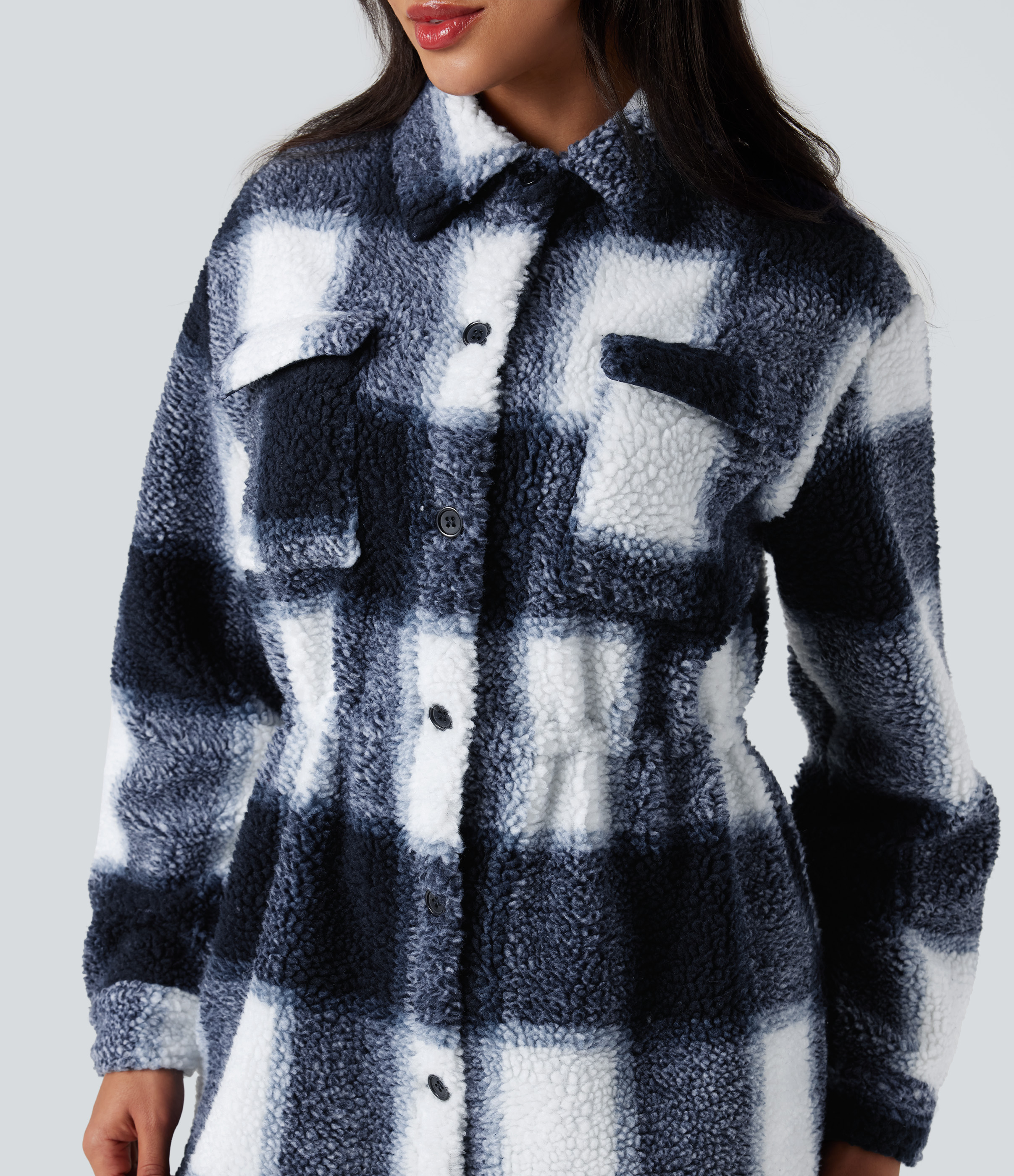 Long Sleeve Inner Drawstring Plaid Casual Sherpa Jacket with Pockets