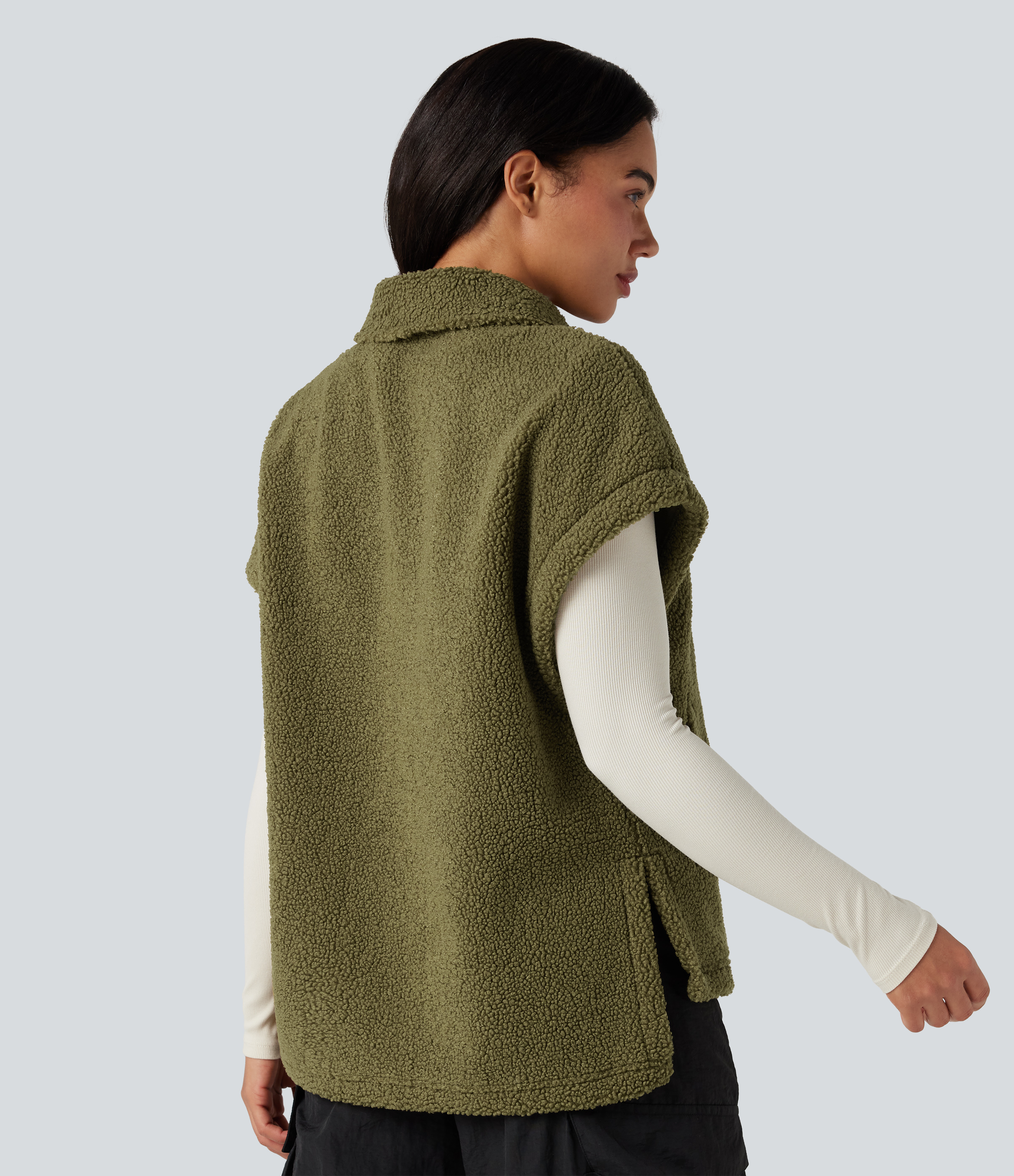 Olive Drab Gilet sherpa randonnée color block col montant manches courtes avec poches / 2