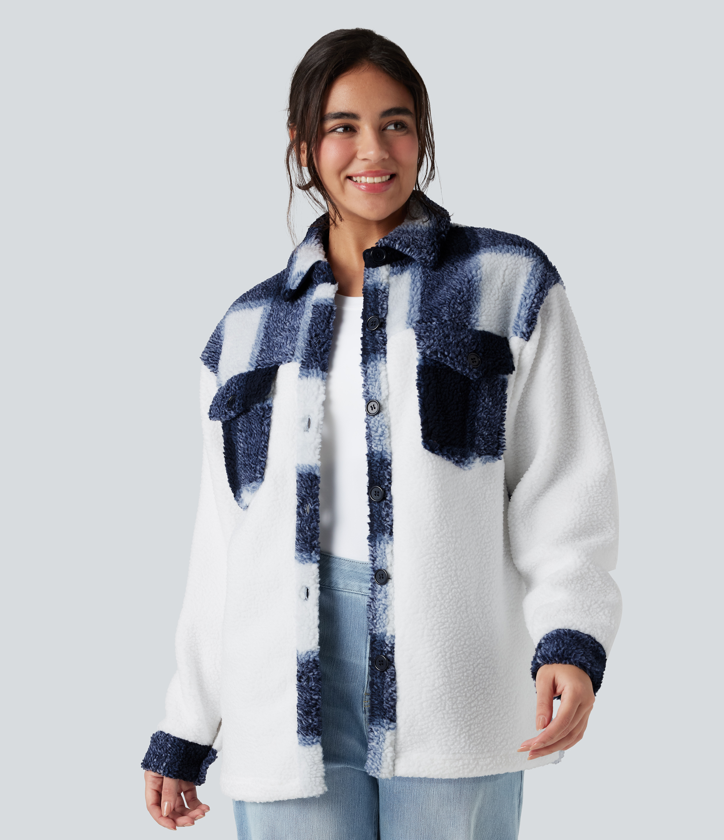 Langärmlige, karierte Sherpa-Jacke mit Taschen