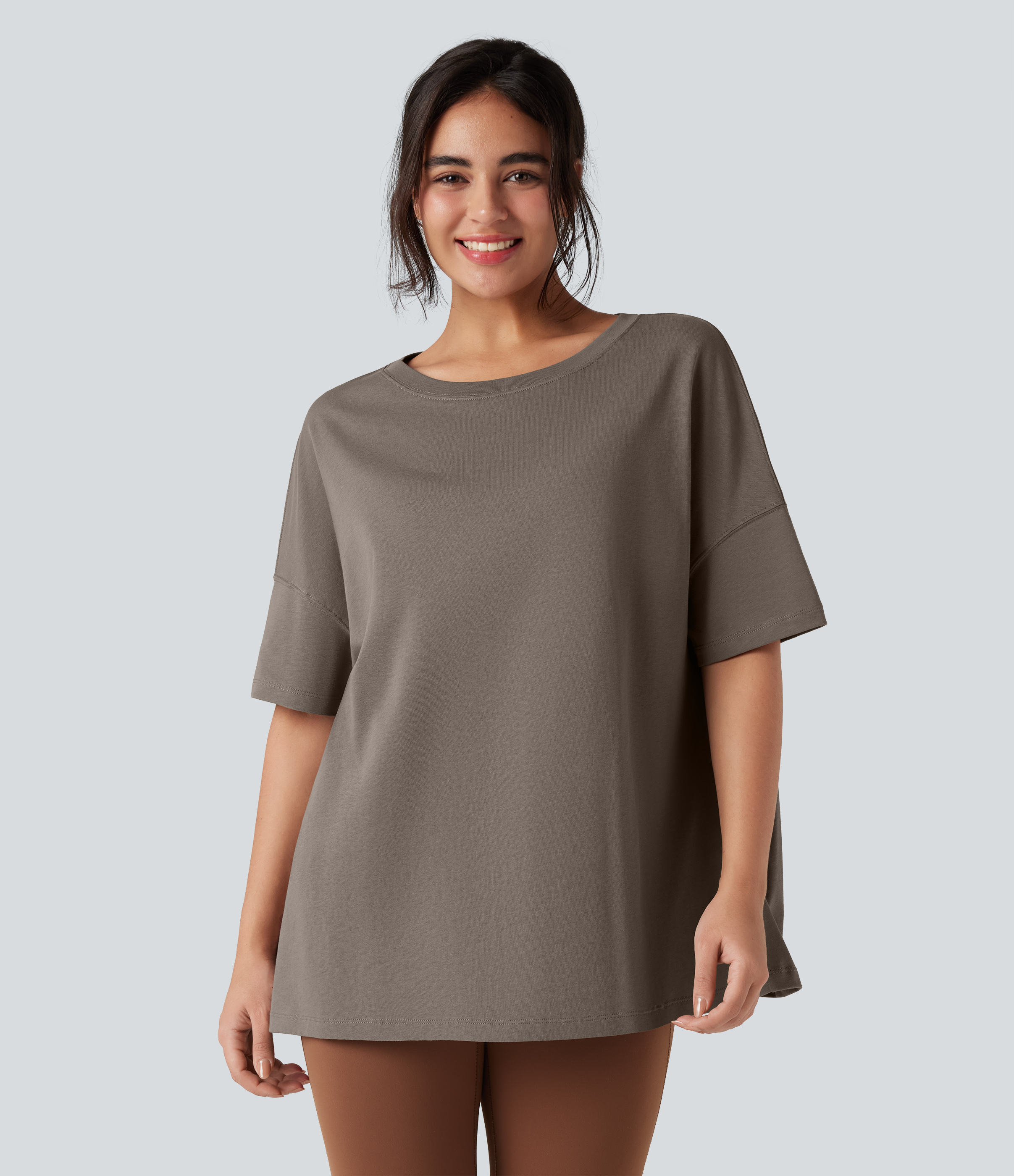 Walnut Round Neck Half Sleeve Casual Oversize Cotton T-Shirt / 1