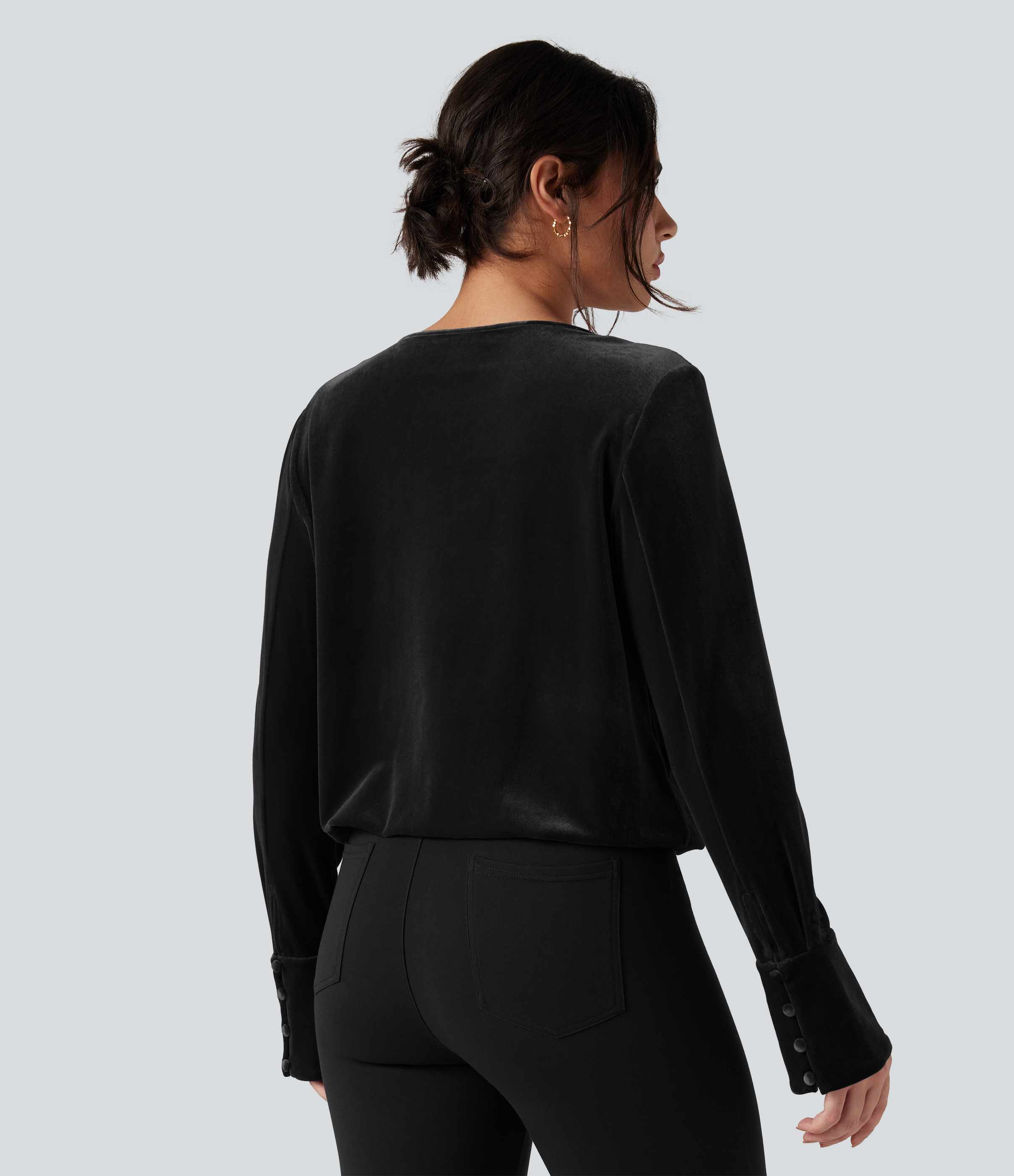 Noir Blouse de travail en velours à col V croisé et manches longues / 2