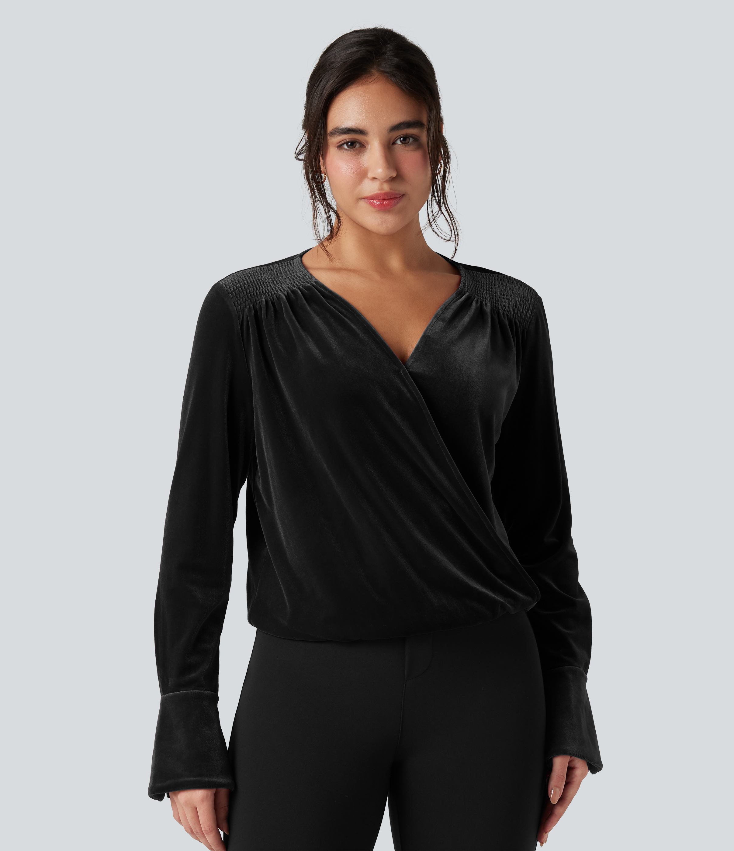 Crossover V-neck Long Sleeve Velvet Work Blouse