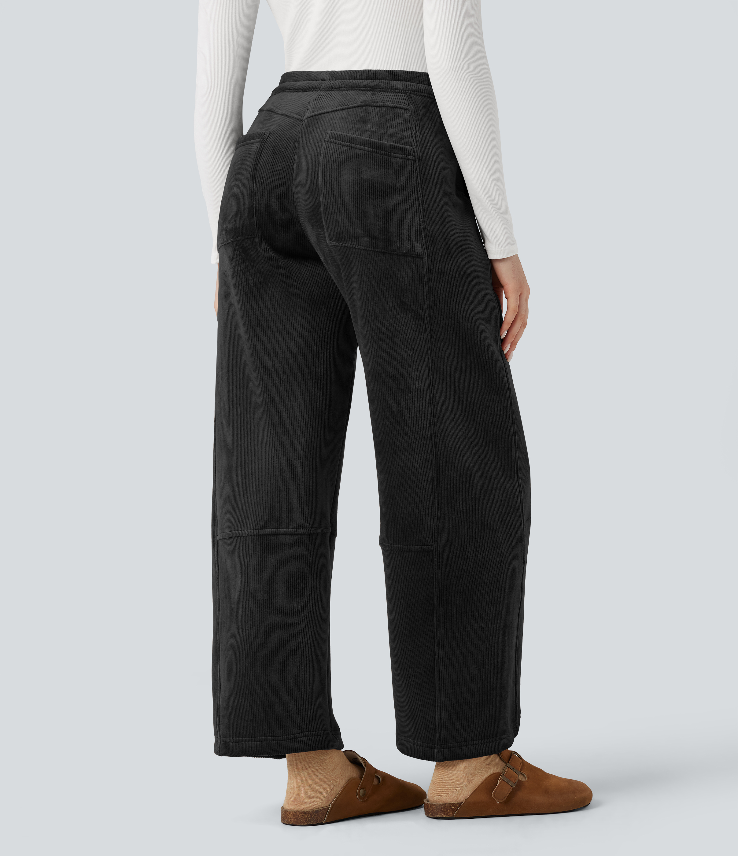 Pantalon barrel polaire côtelé taille mi-haute avec poches
